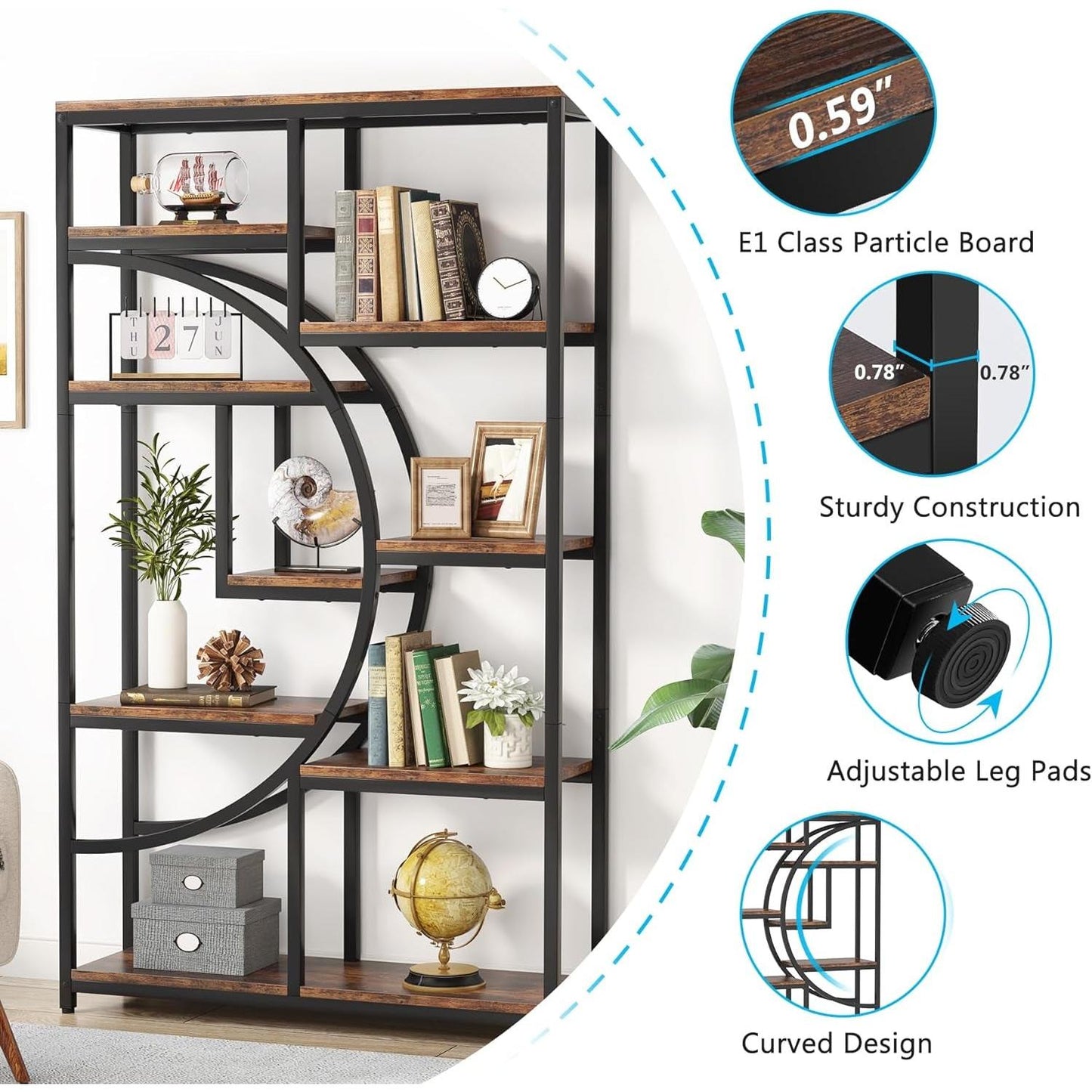 Industrial Black 5 Tier Etagere Bookcase For Living Room