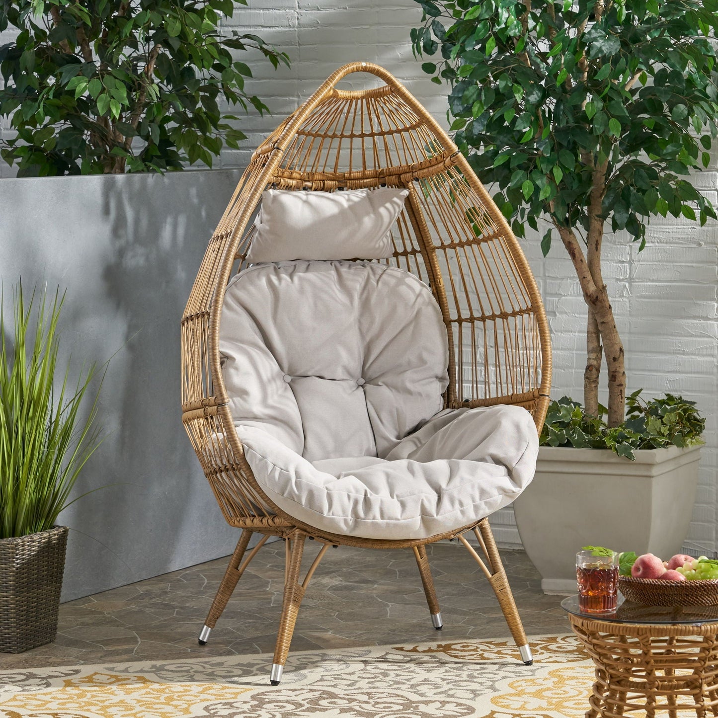 Basket Chair with Teardrop Shape and Water Resistant Cushion - Natural