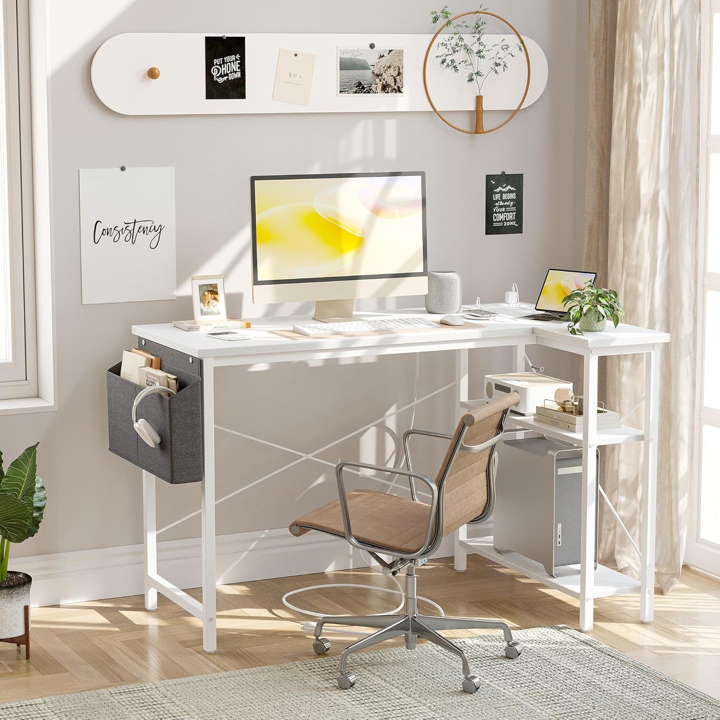 L Shaped Corner Desk 47 Inch With Power Outlets White