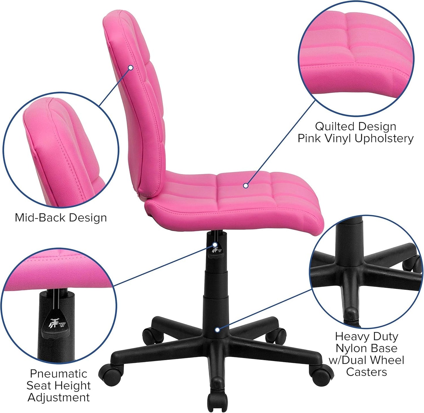 Clayton Pink Quilted Vinyl Mid-Back Swivel Office Chair