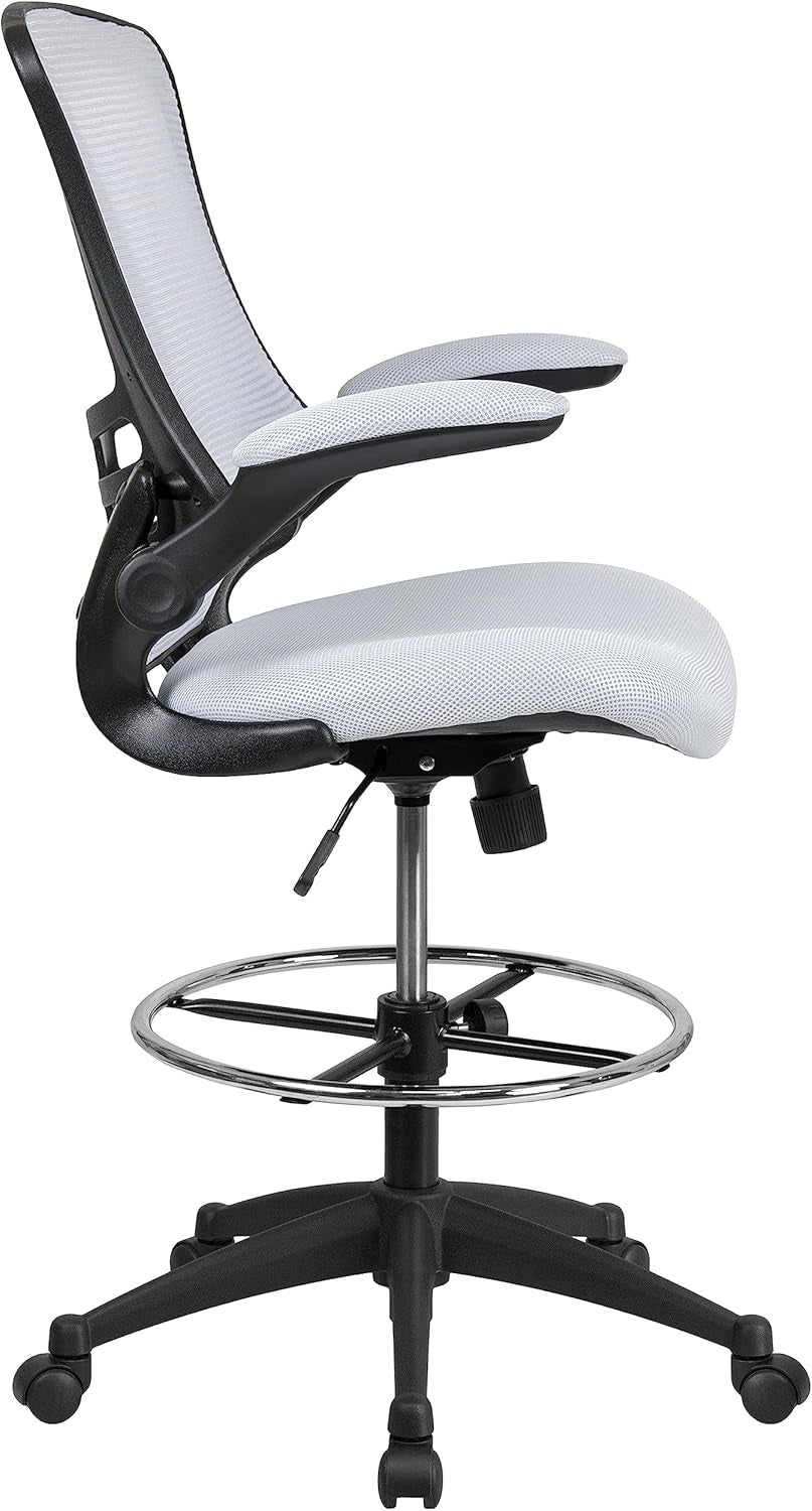 White Mesh Ergonomic Drafting Chair With Flip Up Arms