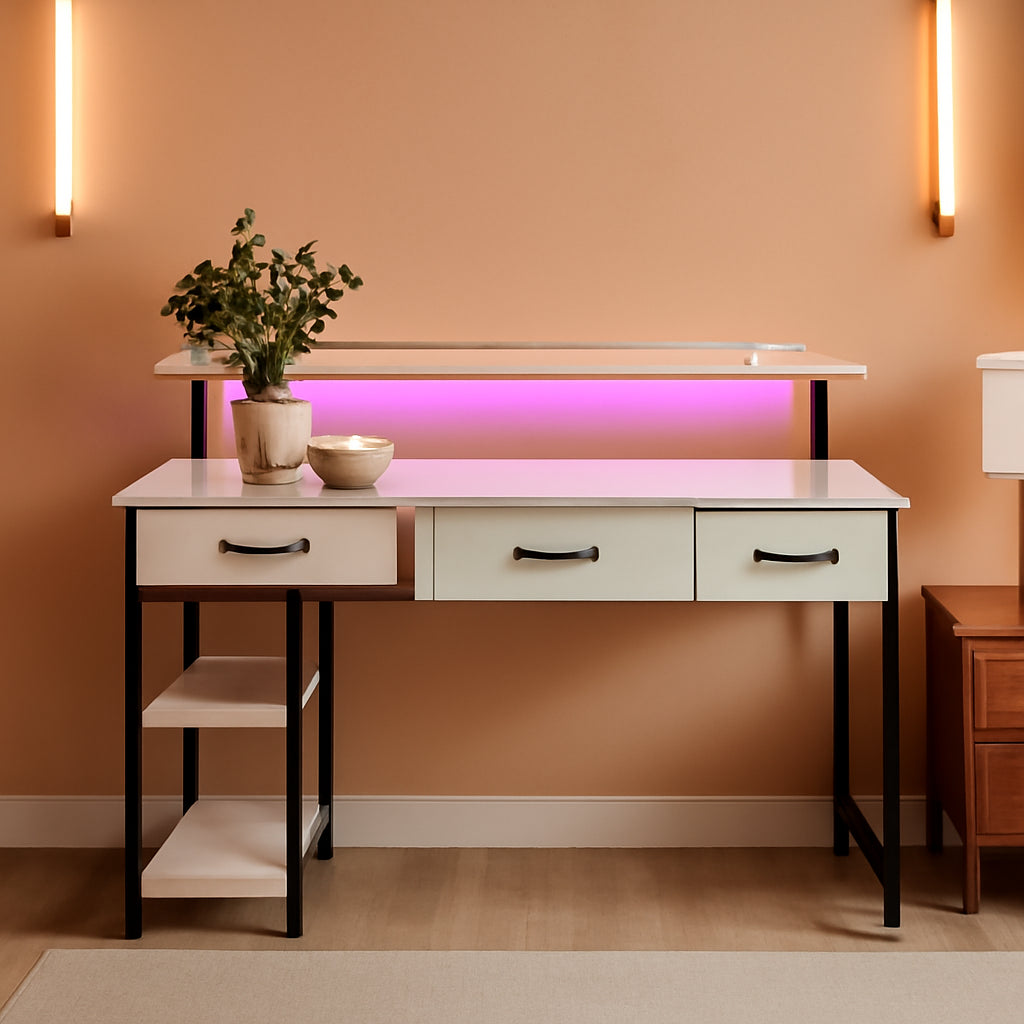 47 Inch White Computer Desk With Power Outlets And LED