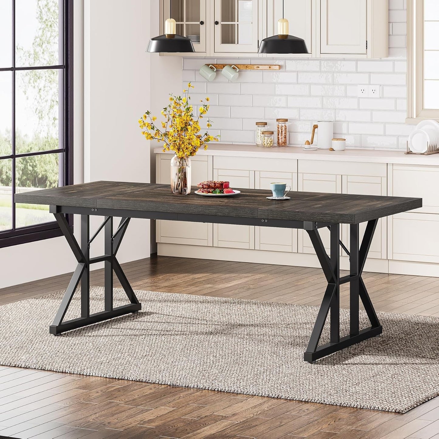 Farmhouse Dining Table 70.8 Inch Heavy Duty Metal Legs