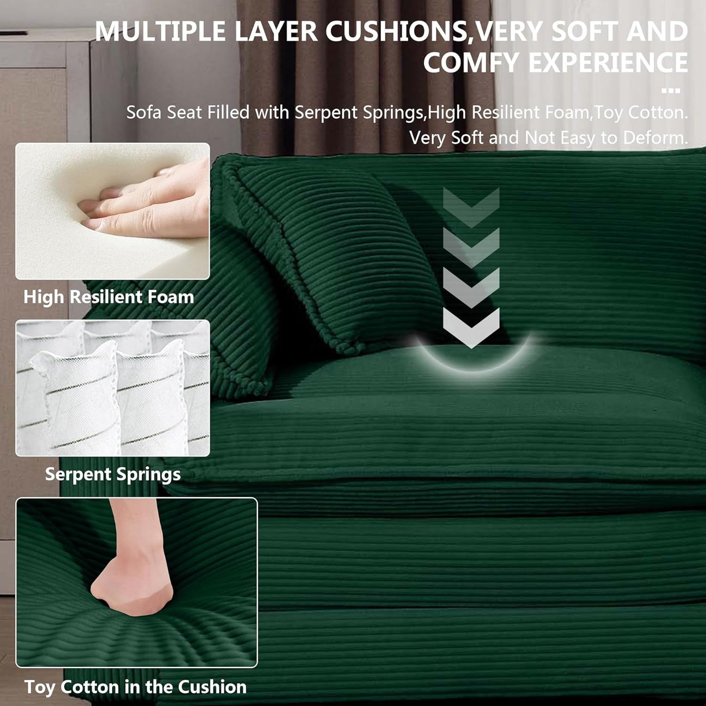 Oversized 2 Piece Sofa Set 3 Seater Loveseat Green