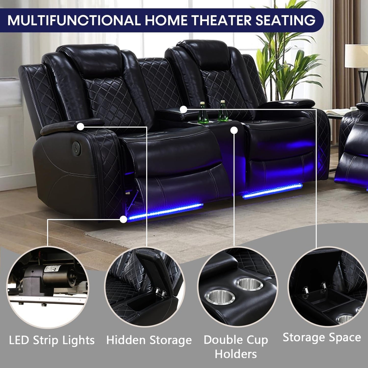 Black Leather Power Recliner Sofa Set With USB Ports
