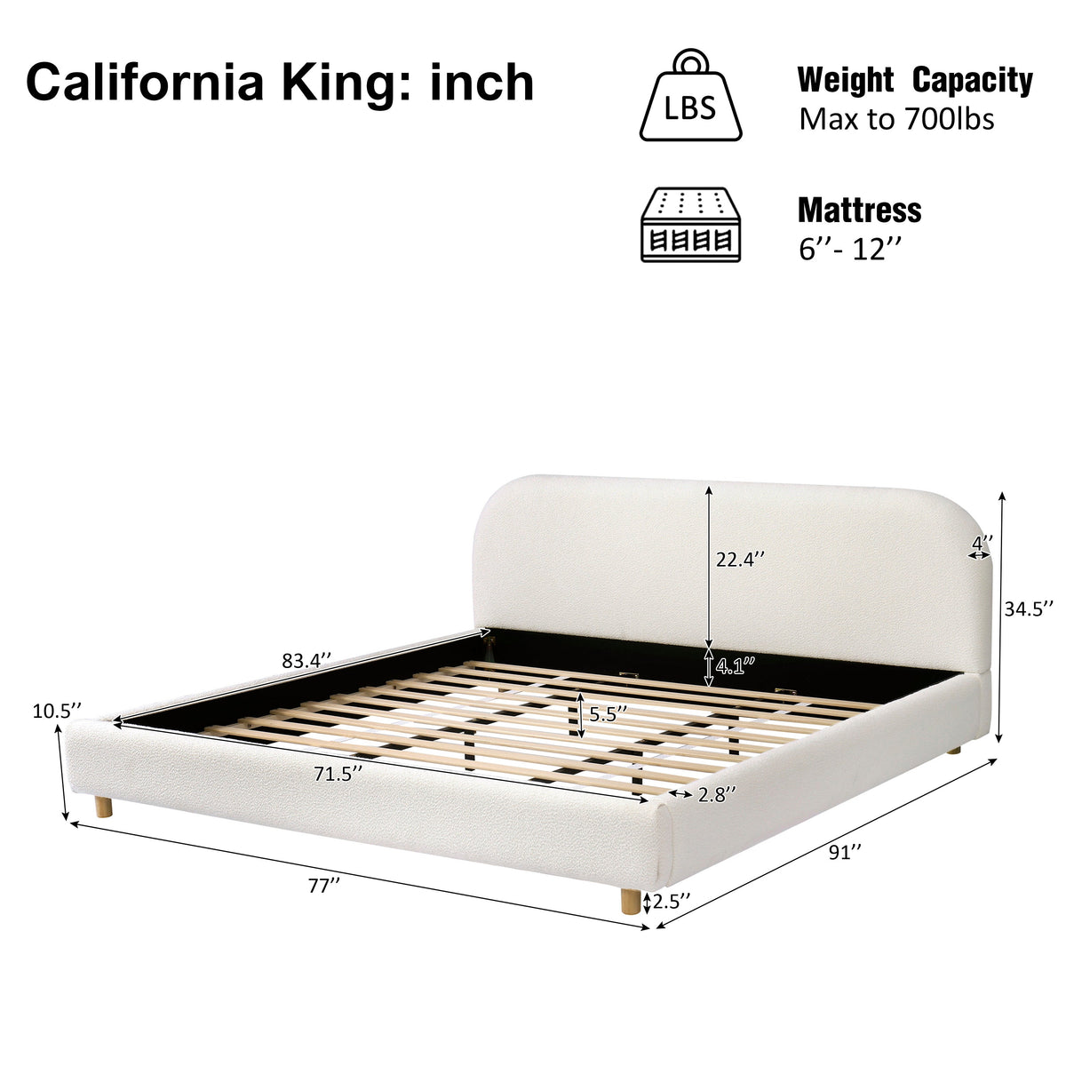 California King Size Upholstered Bed With Boucle Fabric