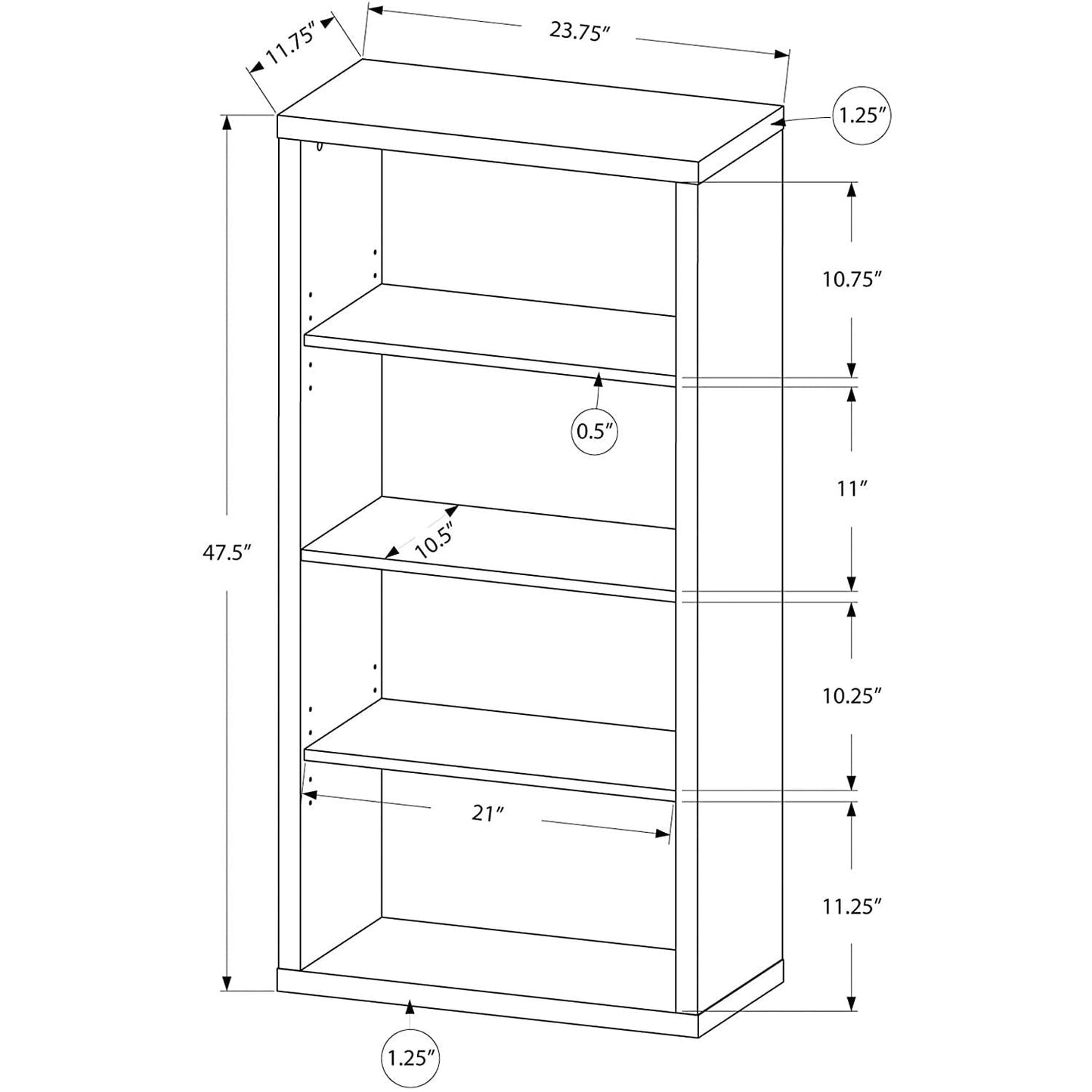 Adjustable 3 Shelf Bookcase 48H Brown Laminate Finish