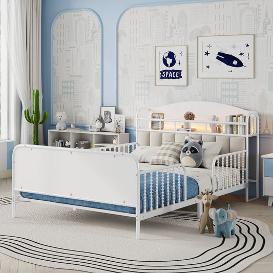 Full Size Metal Platform Bed Frame with Light, Kids Full Metal Bed with Upholstered and Storage Headboard, White (Expect Arrival Date 2025/10/5)