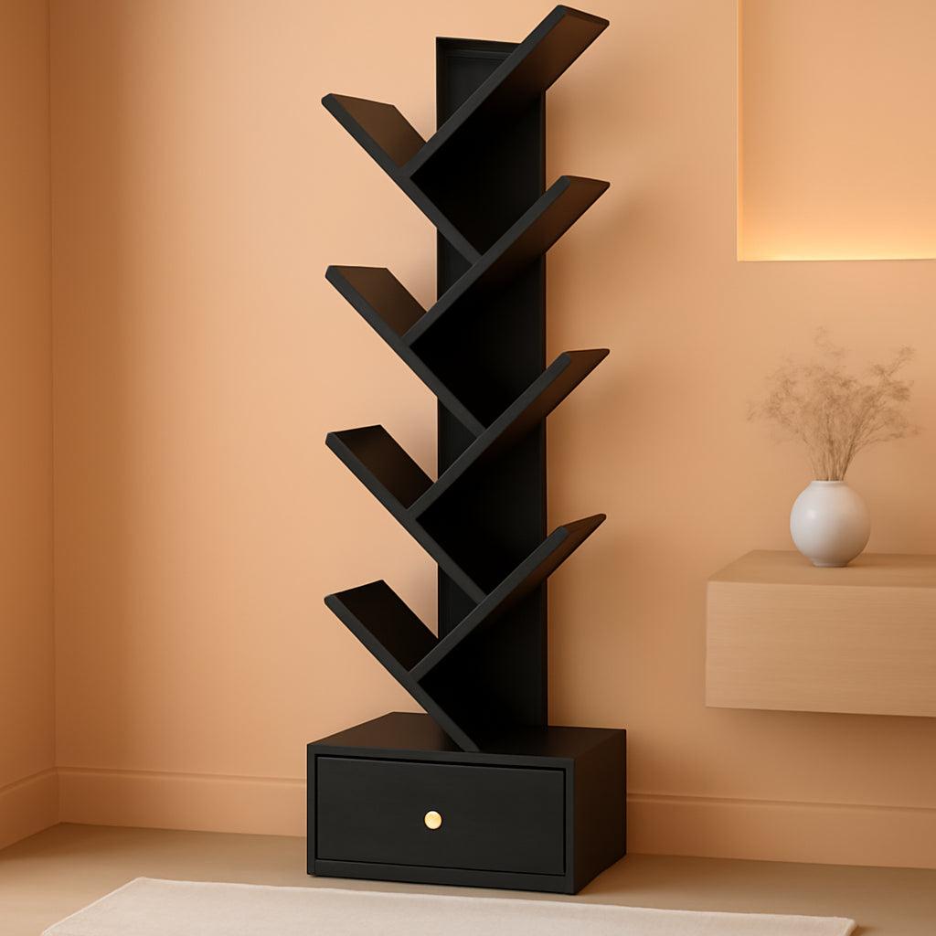 8 Tier Tree Bookshelf Drawer Freestanding Black Bookcase