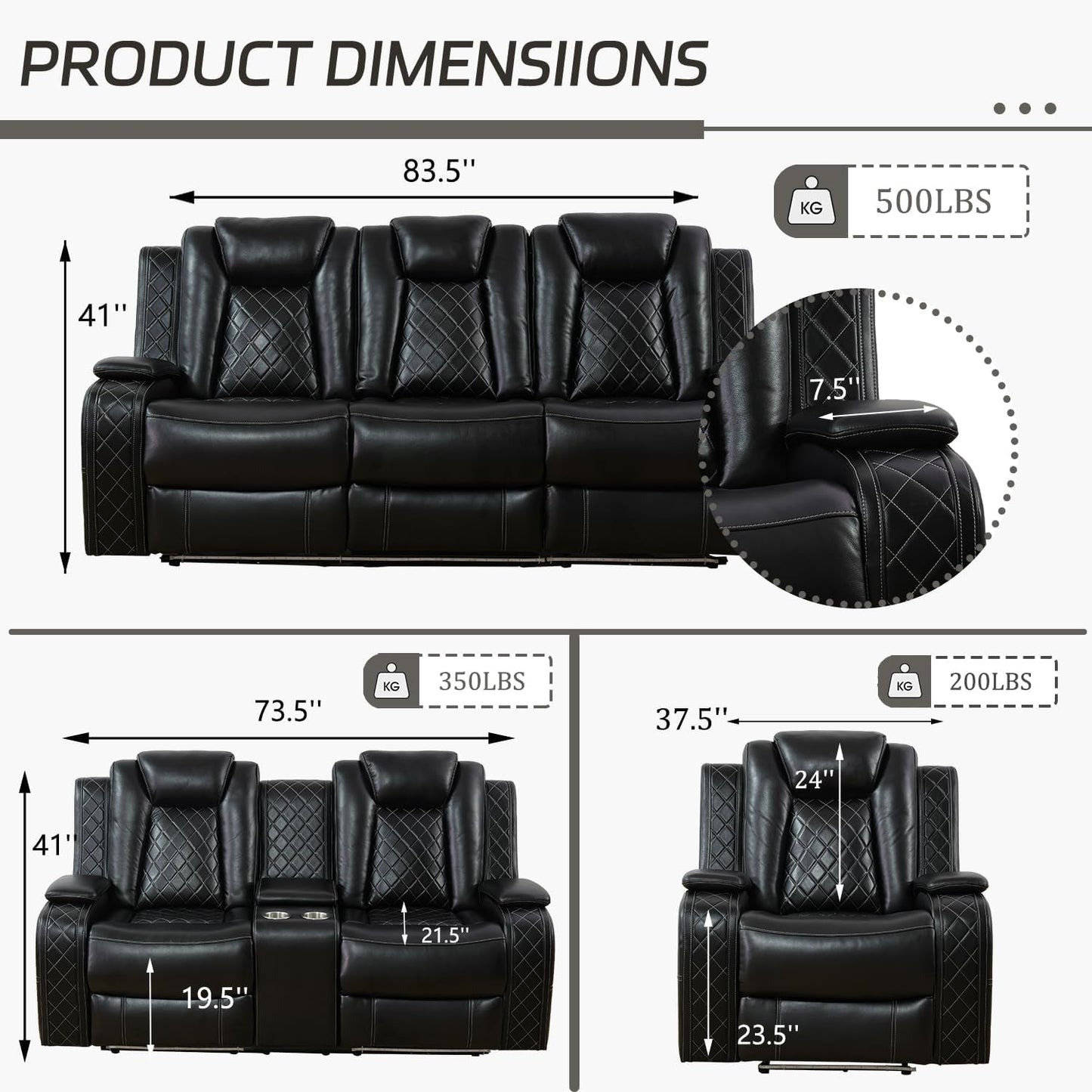 Leather Power Recliner Sofa Set With LED USB Ports Black