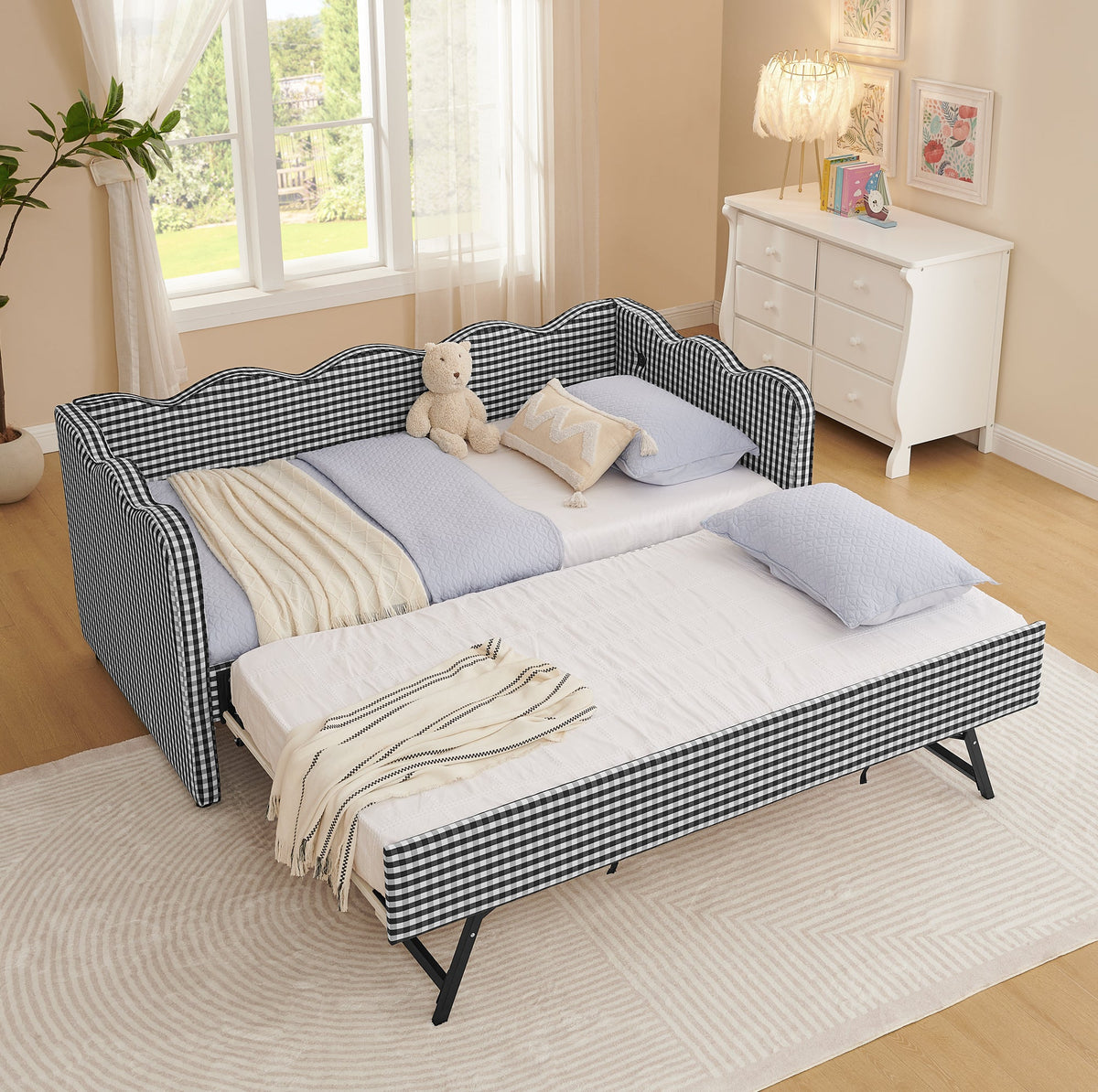 Cozy Gingham Daybed with Trundle Twin Size Sofa Bed