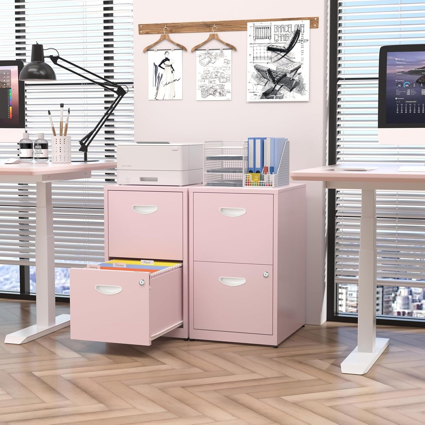 Metal Pink 2 Drawer Locking File Cabinet For Hanging Files Letter A4 Documents Compact