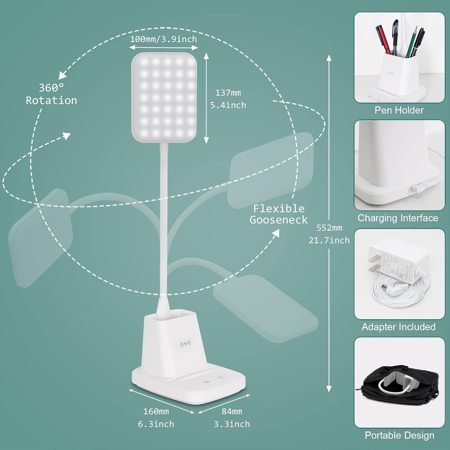 LED Desk Lamp With Wireless Charger White 800 Lumen