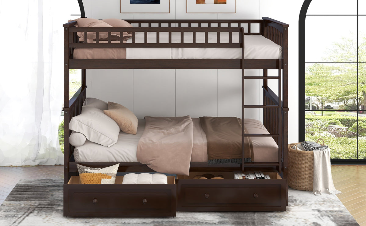 Full Over Full Bunk Bed With Drawers, Convertible Beds, Gray