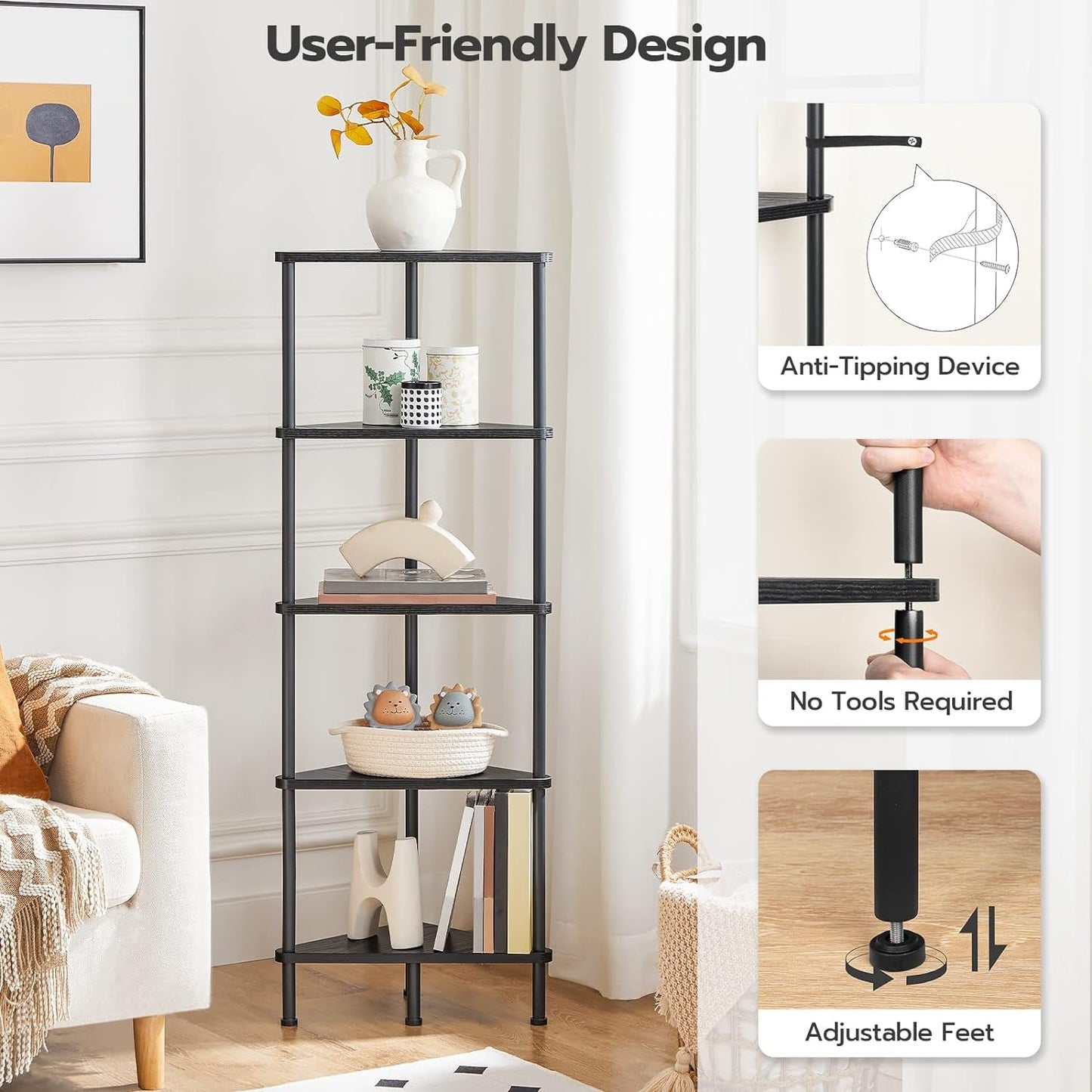 Industrial 5 Tier Corner Shelf Stand Black Metal Frame