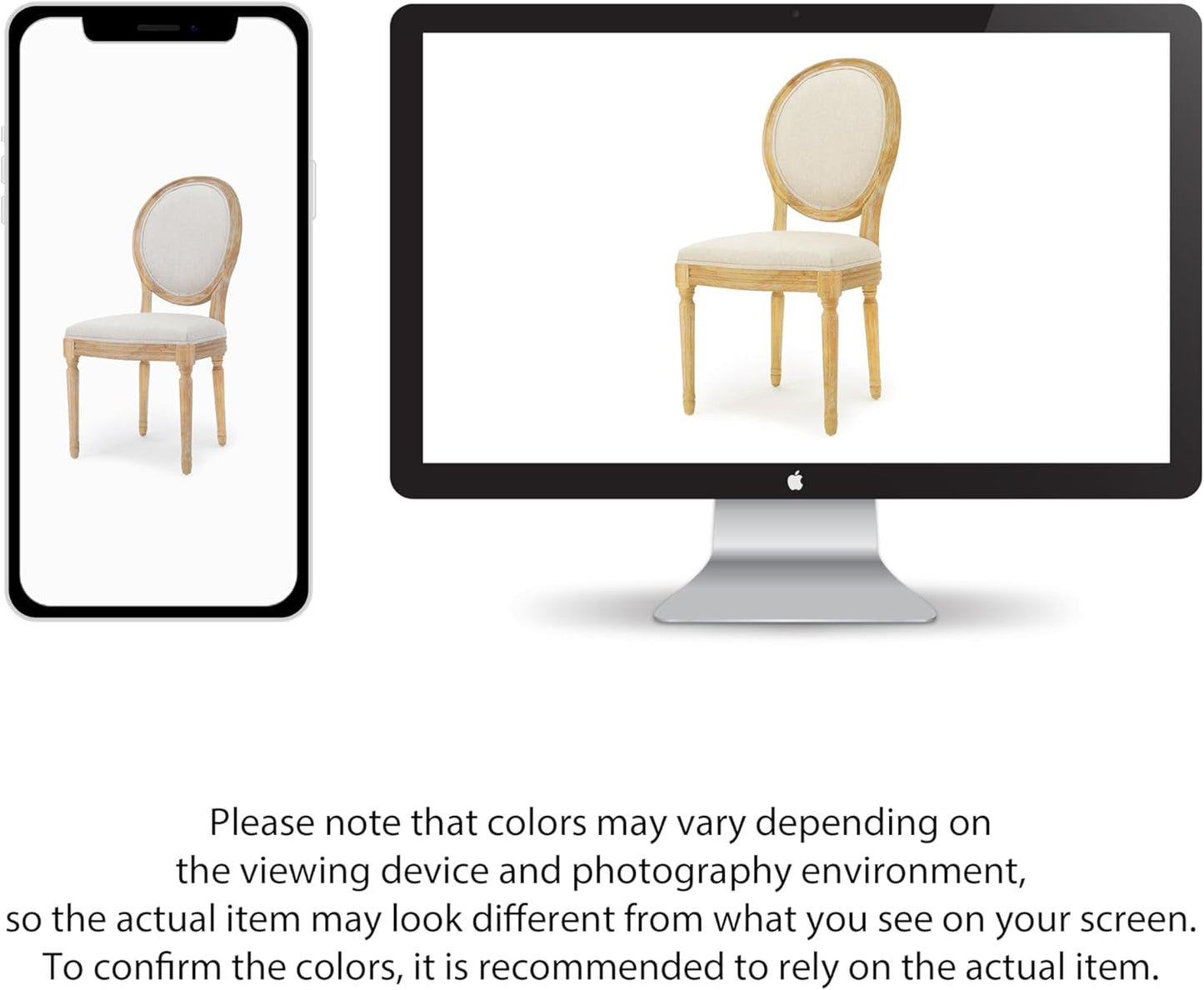 Phinnaeus Beige Polyester Fabric Dining Chairs Set Of 2 displayed on mobile and desktop screens with color variation notice.