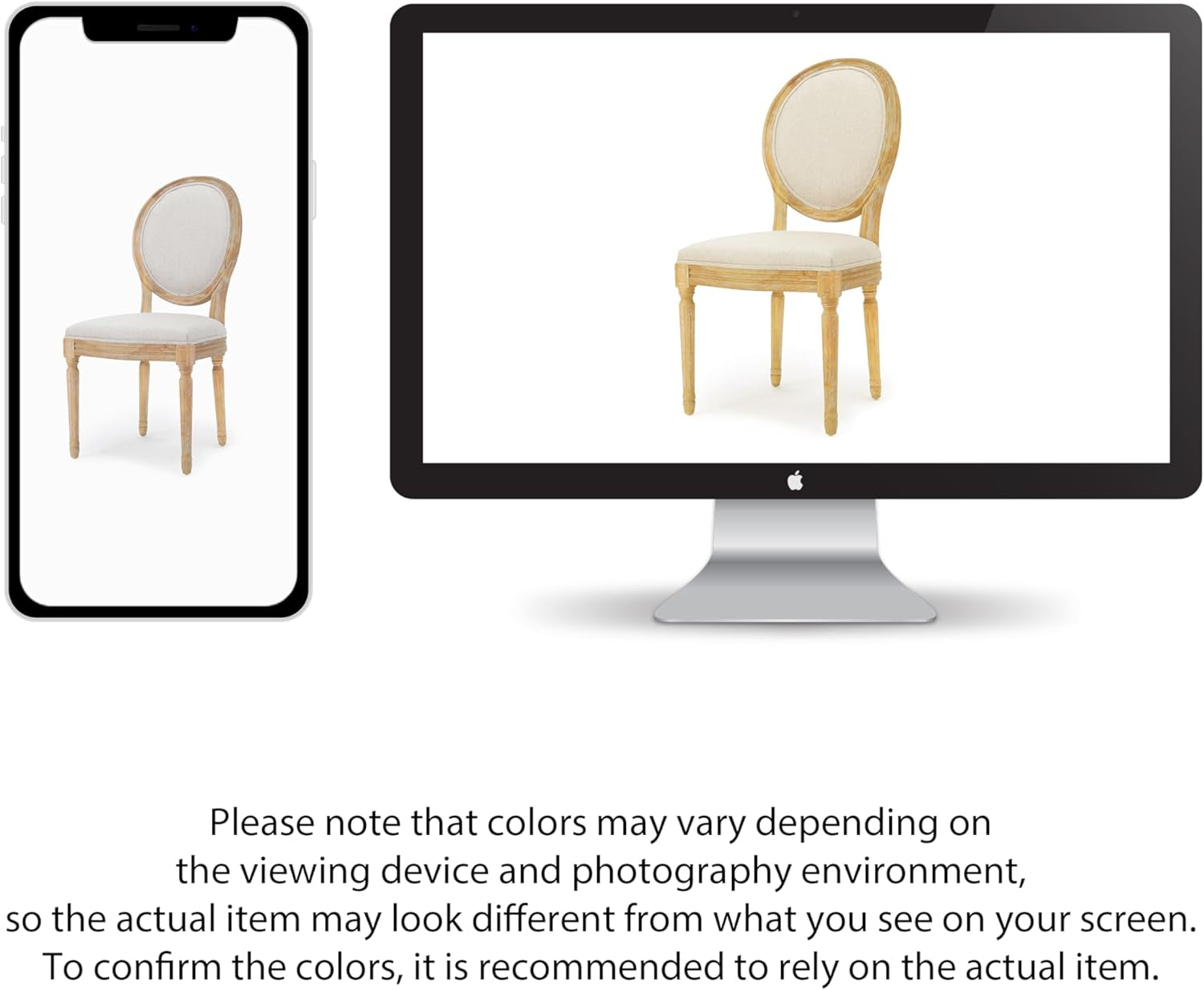 Phinnaeus Beige Polyester Fabric Dining Chairs Set Of 2 displayed on mobile and desktop screens with color variation notice.