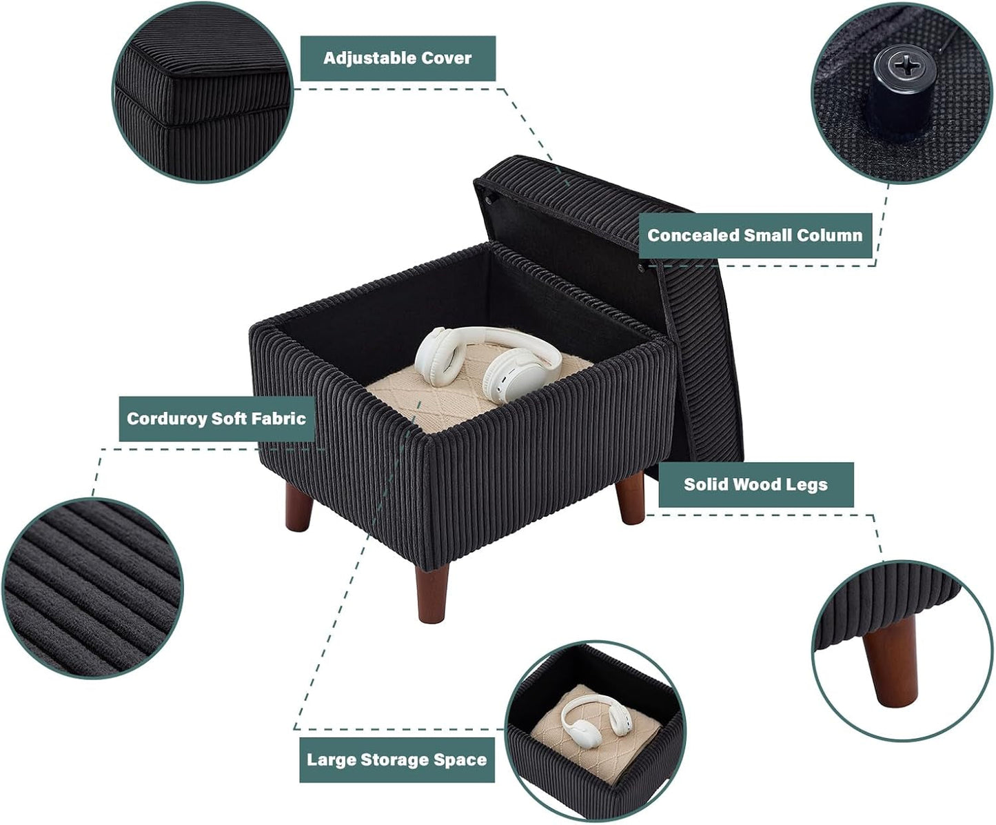 Storage Ottoman With Adjustable Lid Footrest Charcoalgray
