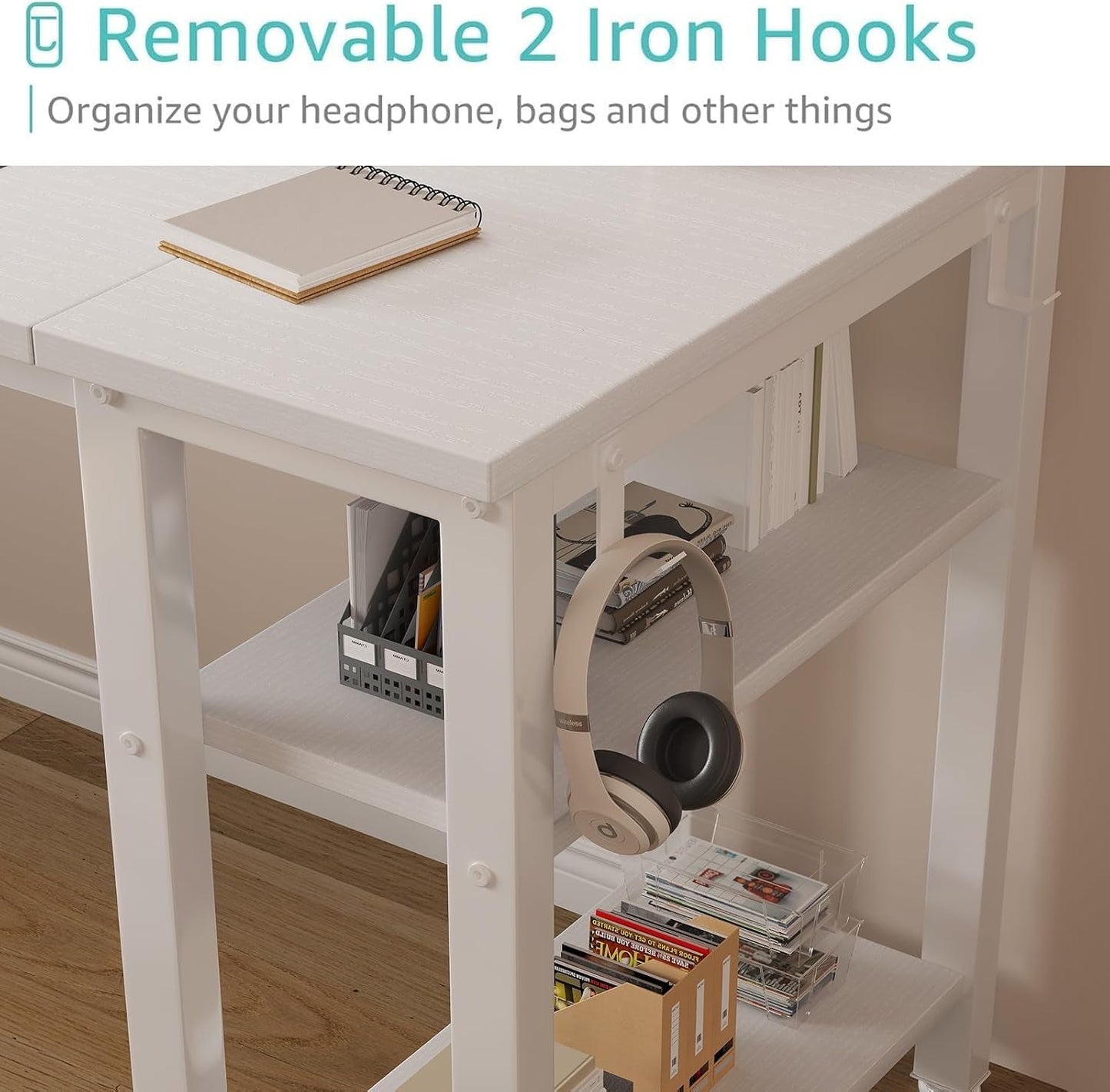 55 Inch White Computer Desk With Fabric Drawers And Storage