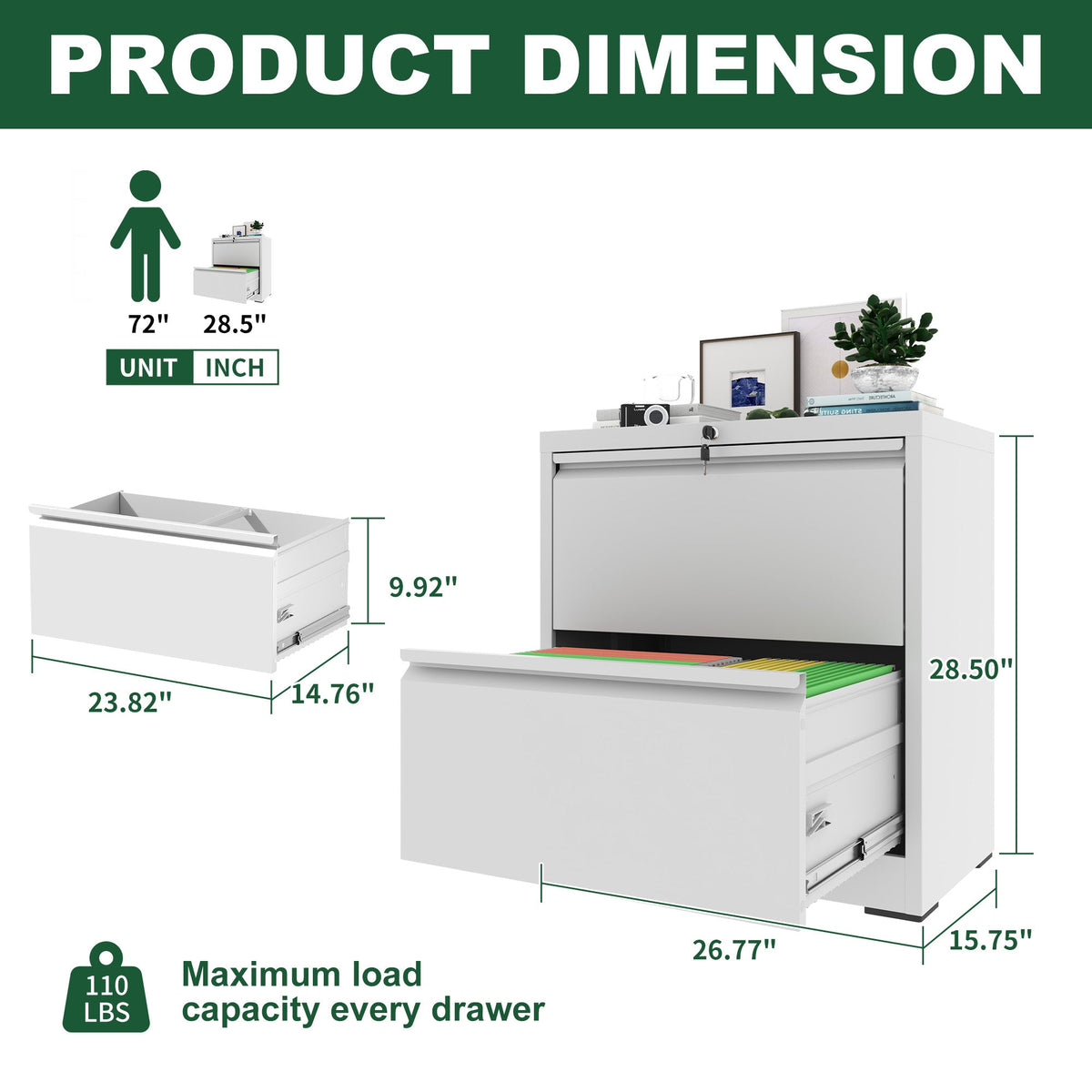 2 Drawer Lateral File Cabinet with Lock