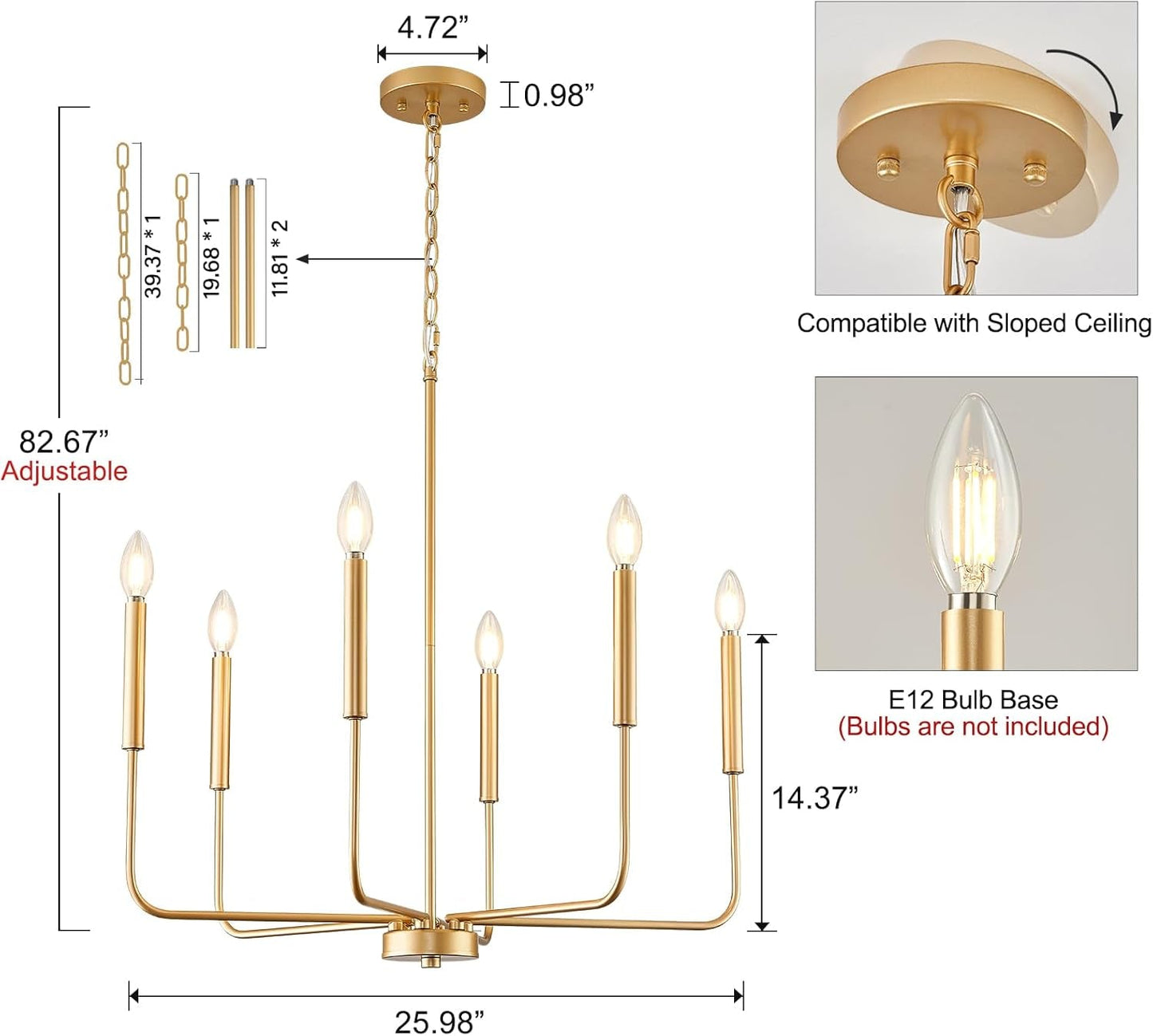 Gold 6 Light Candle Chandelier For Dining Room Modern with adjustable height and E12 bulb base.