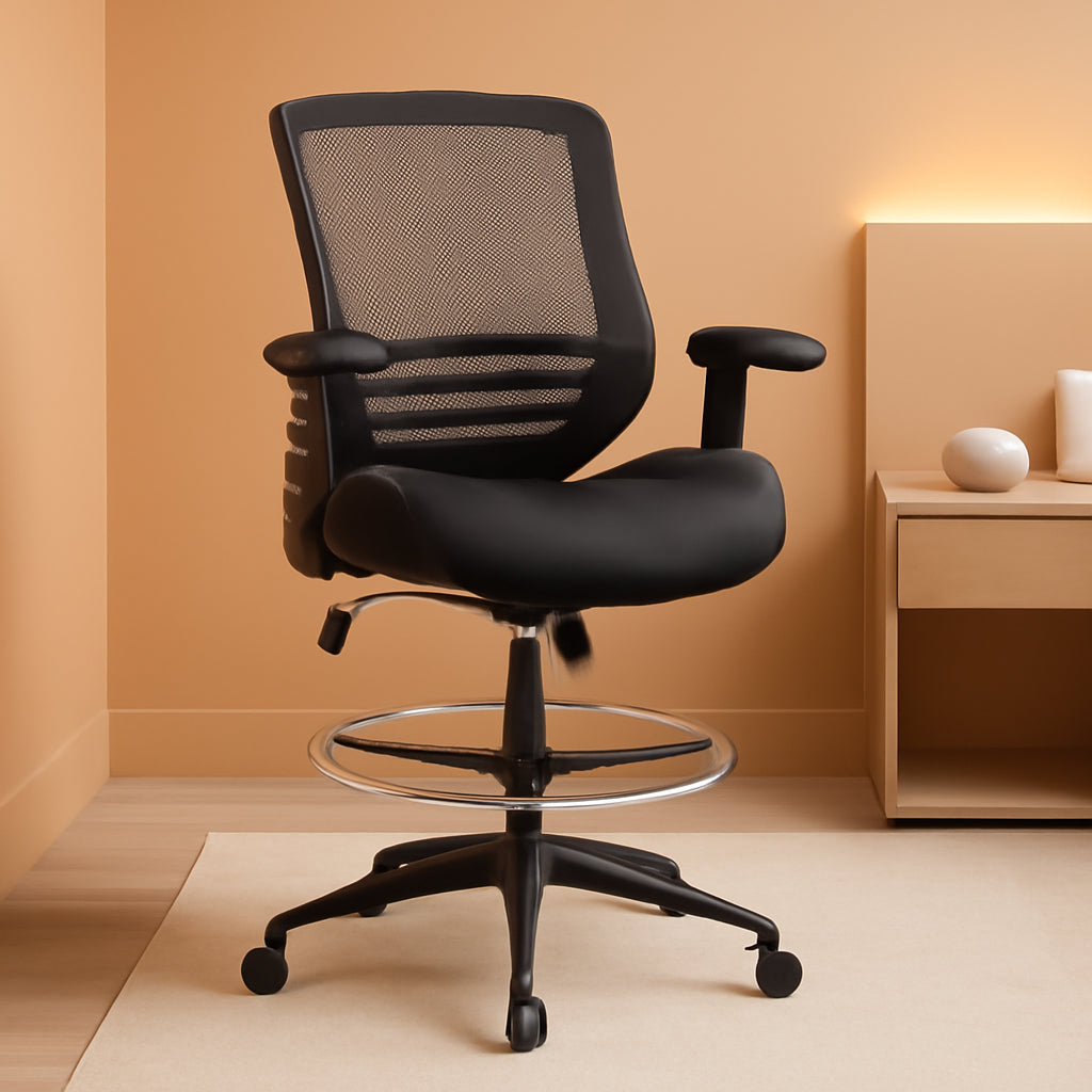 Black Mesh Ergonomic Drafting Chair With Height Adjustable Armrests