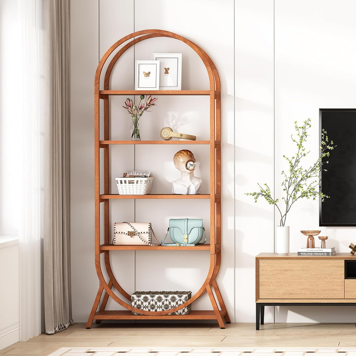 70.8" 5-Tier Modern Brown Arched Open Bookshelf