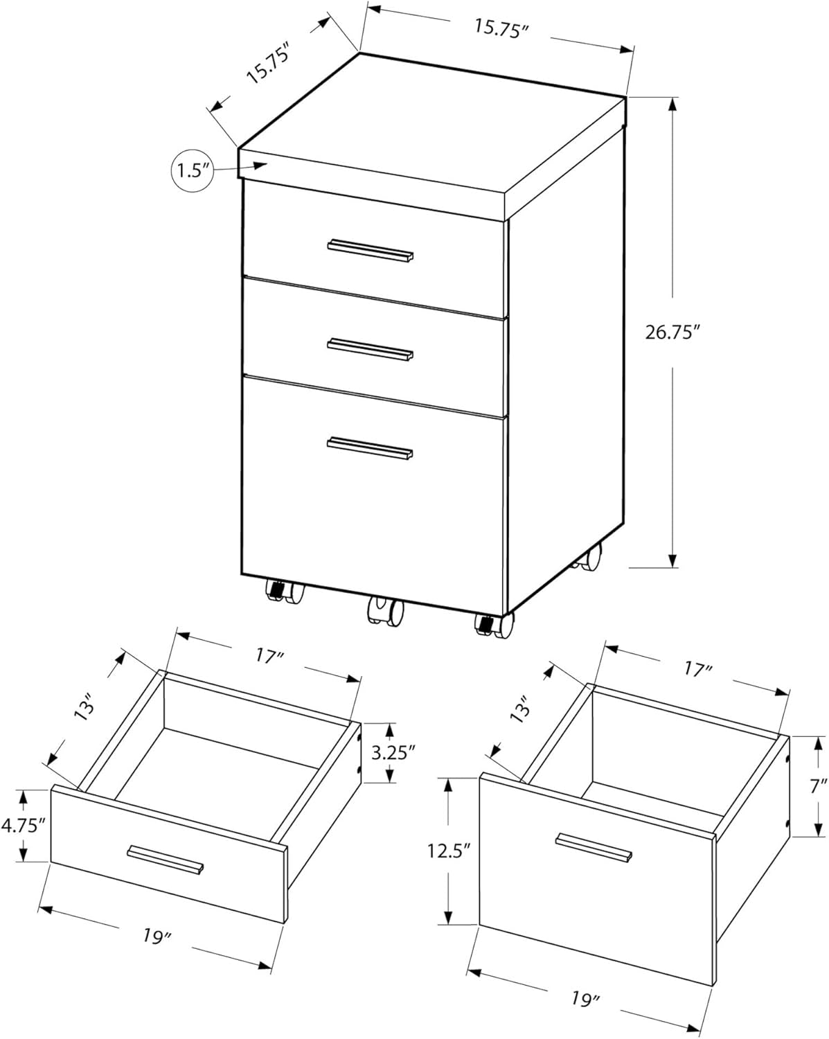 White Hollow Core 3 Drawer File Cabinet On Castors