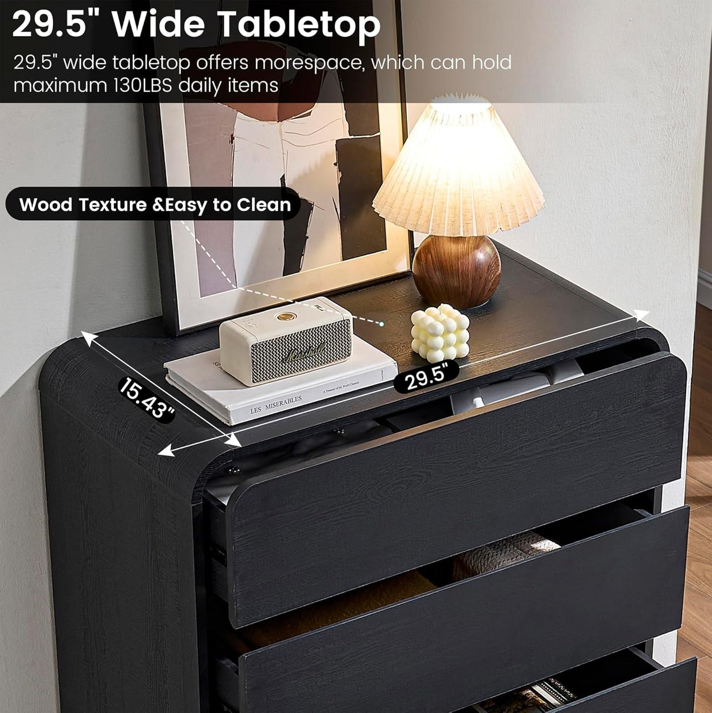 Black Hardwood Dresser With Curved Front Storage Panel