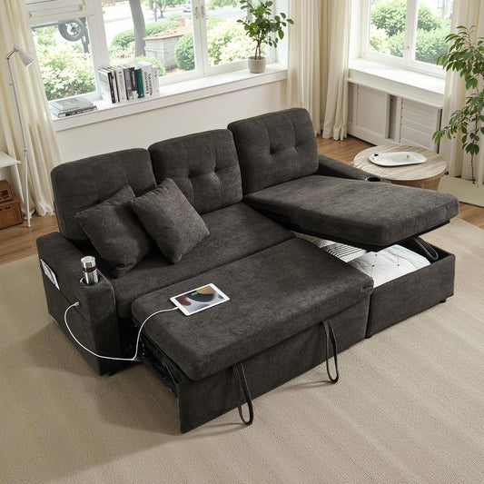 Dark Grey Microfiber Reversible Sectional Sofa Bed With USB