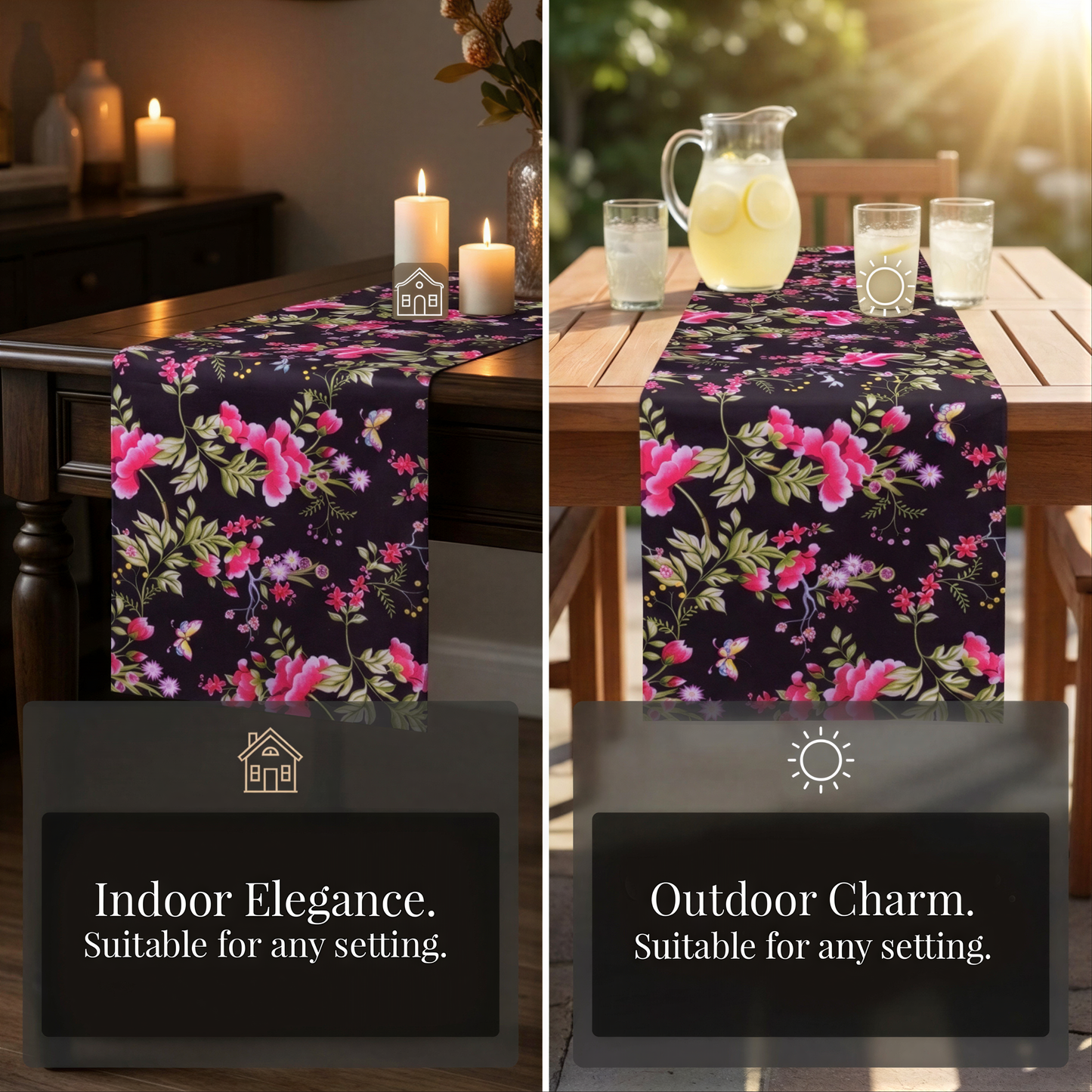 Printed Table Runner - Saku Black Floral Decorative Indoor Outdoor Runner