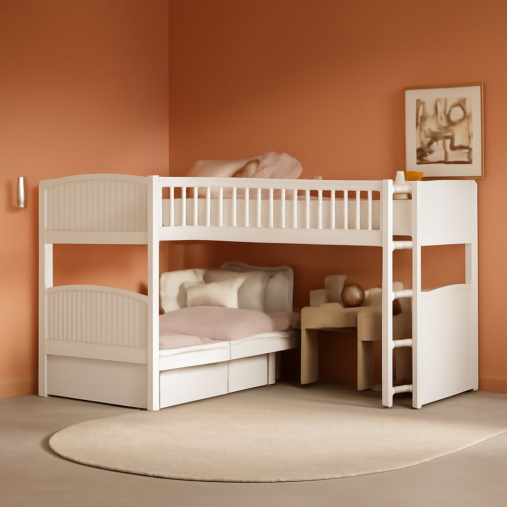 L Shaped Solid Wood Bunk Bed White Twin Over Twin Over Twin With 2 Drawers