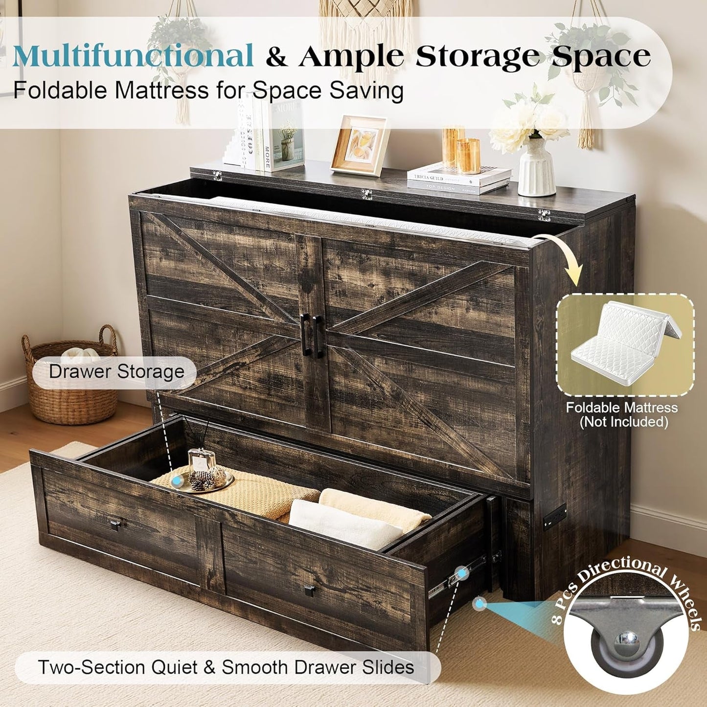 Queen Murphy Bed With Black Oak Finish And Storage