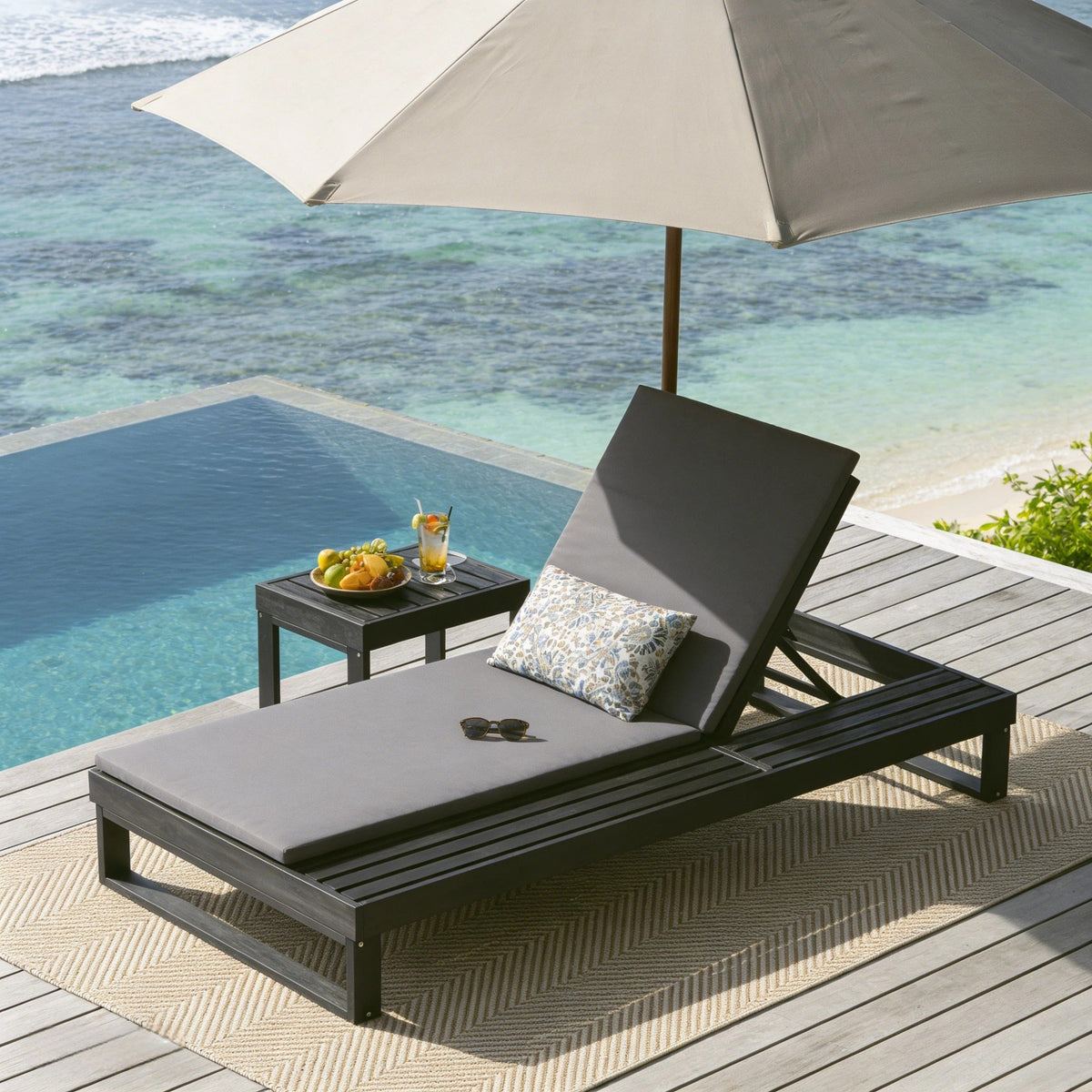 Black Acacia Wood Chaise Lounge with 1.57-Inch Cushion