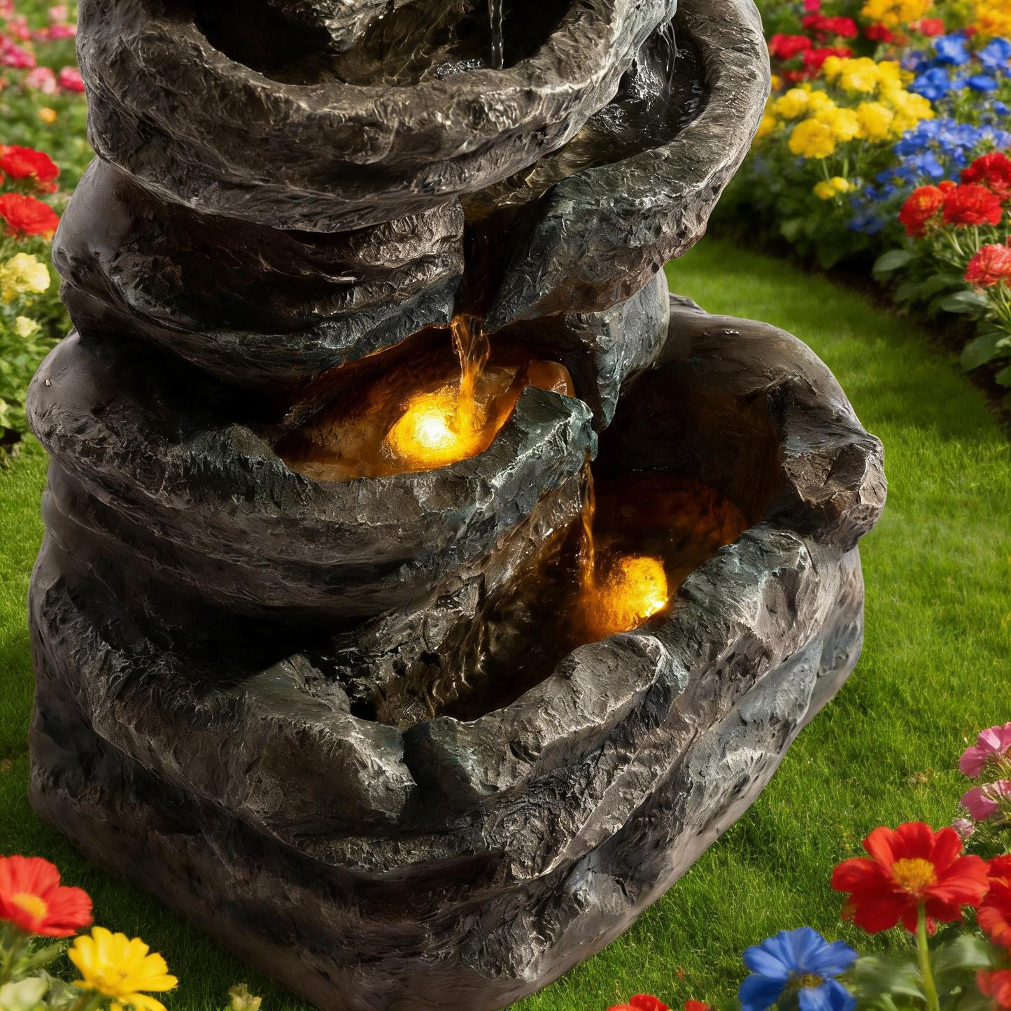 6-Tier Outdoor Cascading Stone Water Fountain with LED Lights