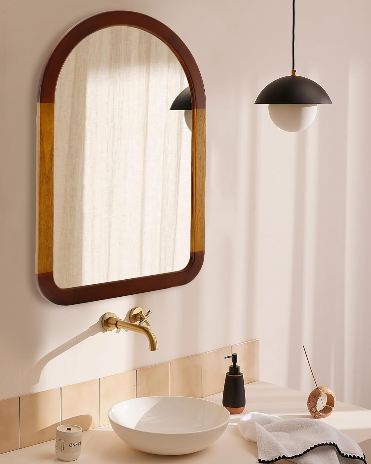 Arched Mirror 24x36 Walnut Brown Wood Frame Wall Mounted