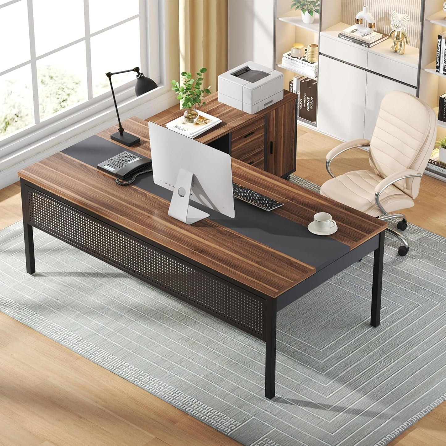 71 Inch Walnut Executive L Shaped Desk With File Cabinet