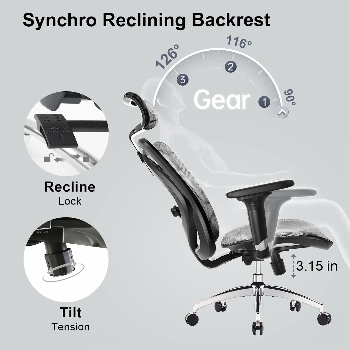 Grey Ergonomic Office Chair With Adjustable Headrest