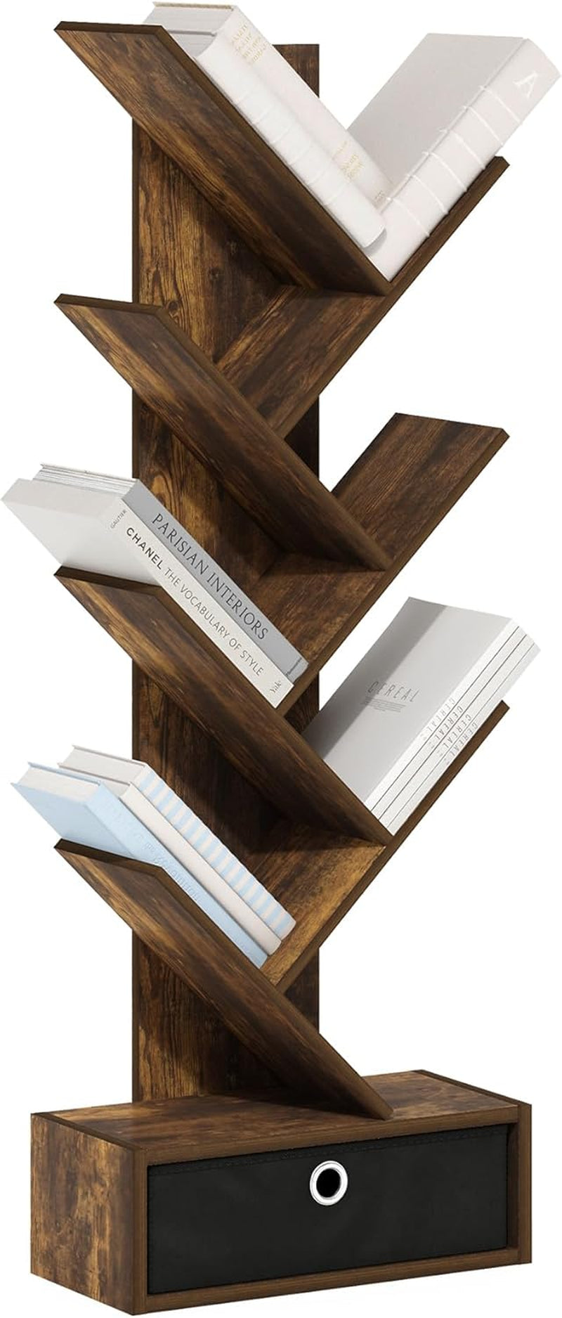 Tree Bookshelf 7 Tier Floor Standing Bookcase Amber Pine Black