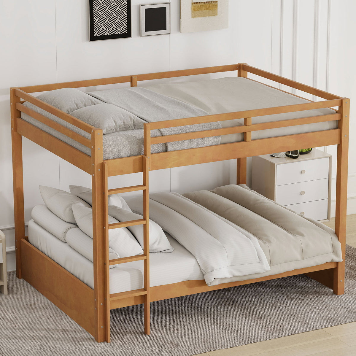 Wood Queen Size Bunk Bed with Ladder, Wood Color
