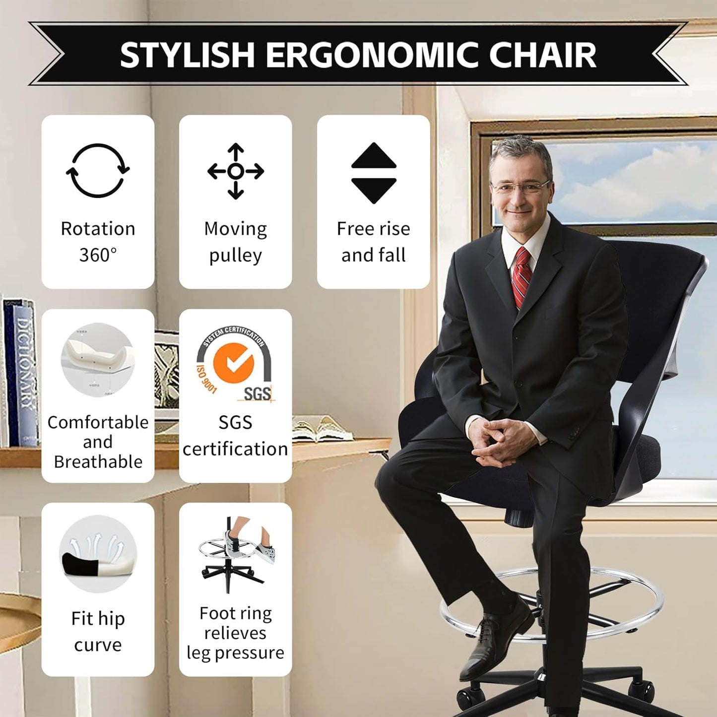 Ergonomic Drafting Chair With Lumbar Support And Foot Ring Black