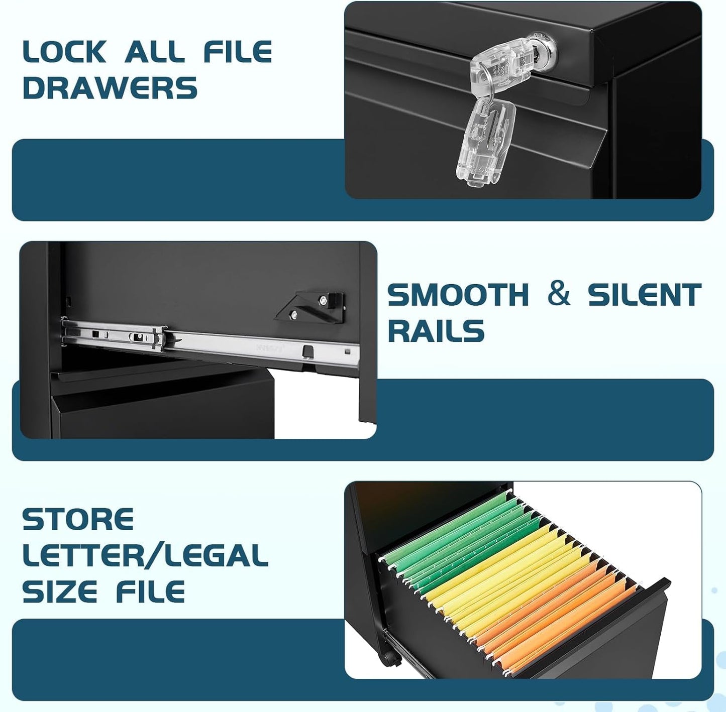 Three Drawer File Cabinet On Wheels With Lock Black Metal