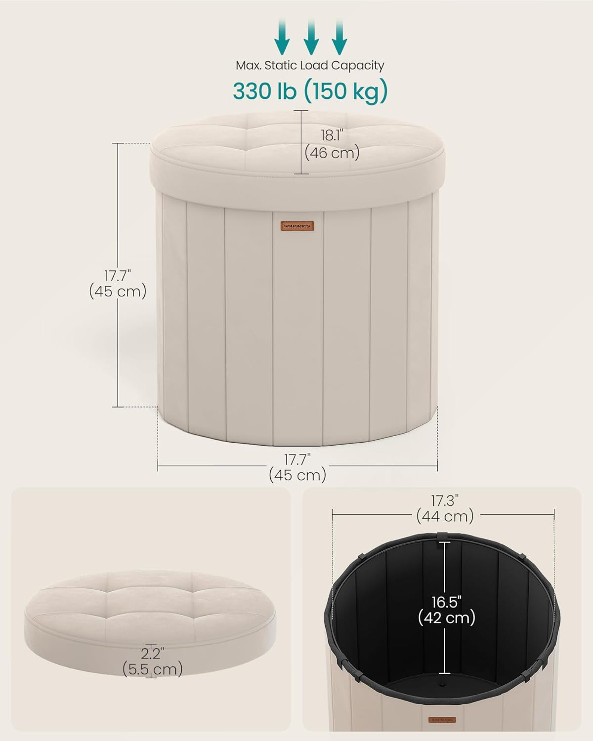 Round Folding Storage Ottoman Cappuccino Beige Velvet