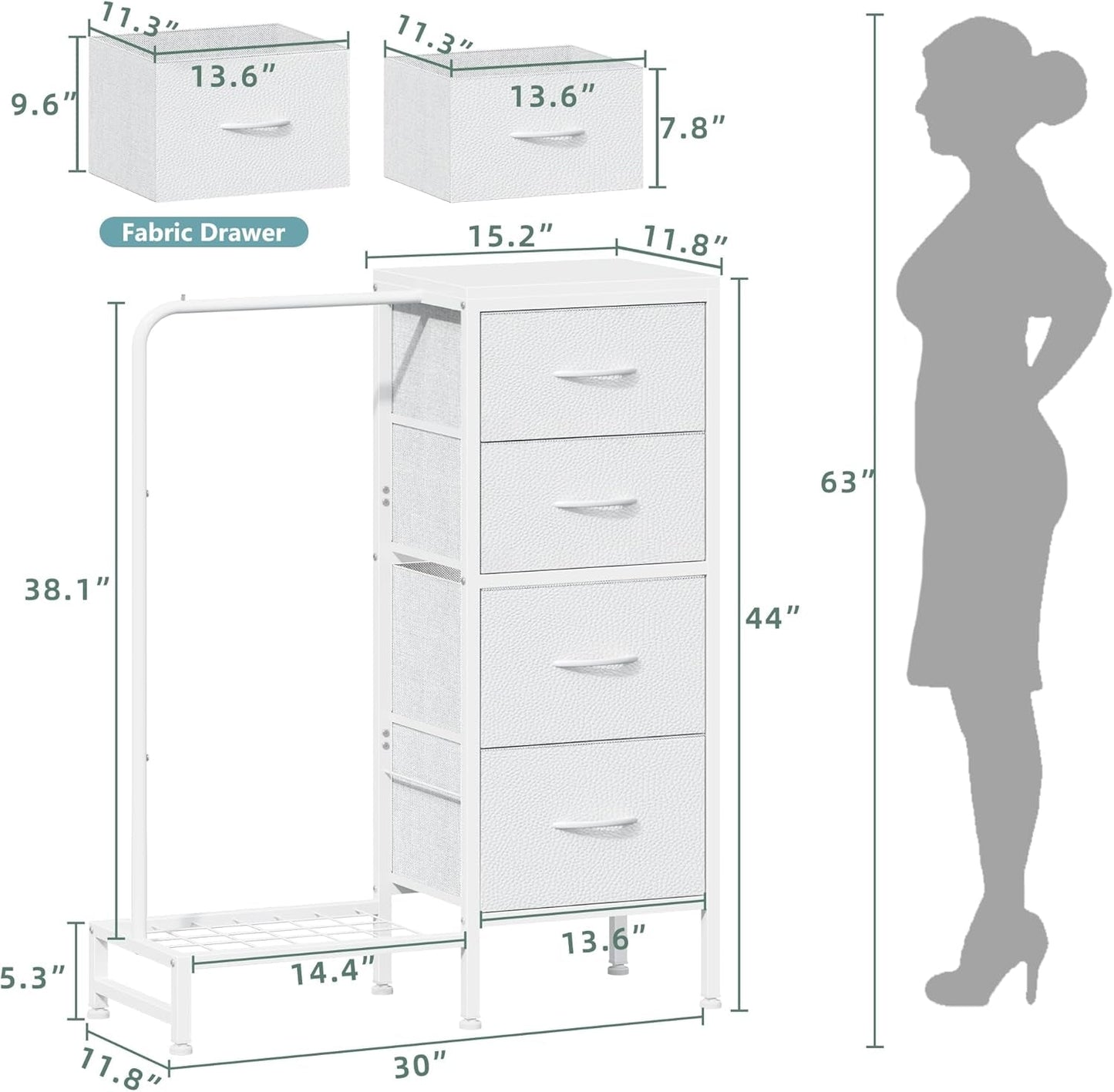Dresser With Hanging Rack 4 Drawer White 44 Inch Tall
