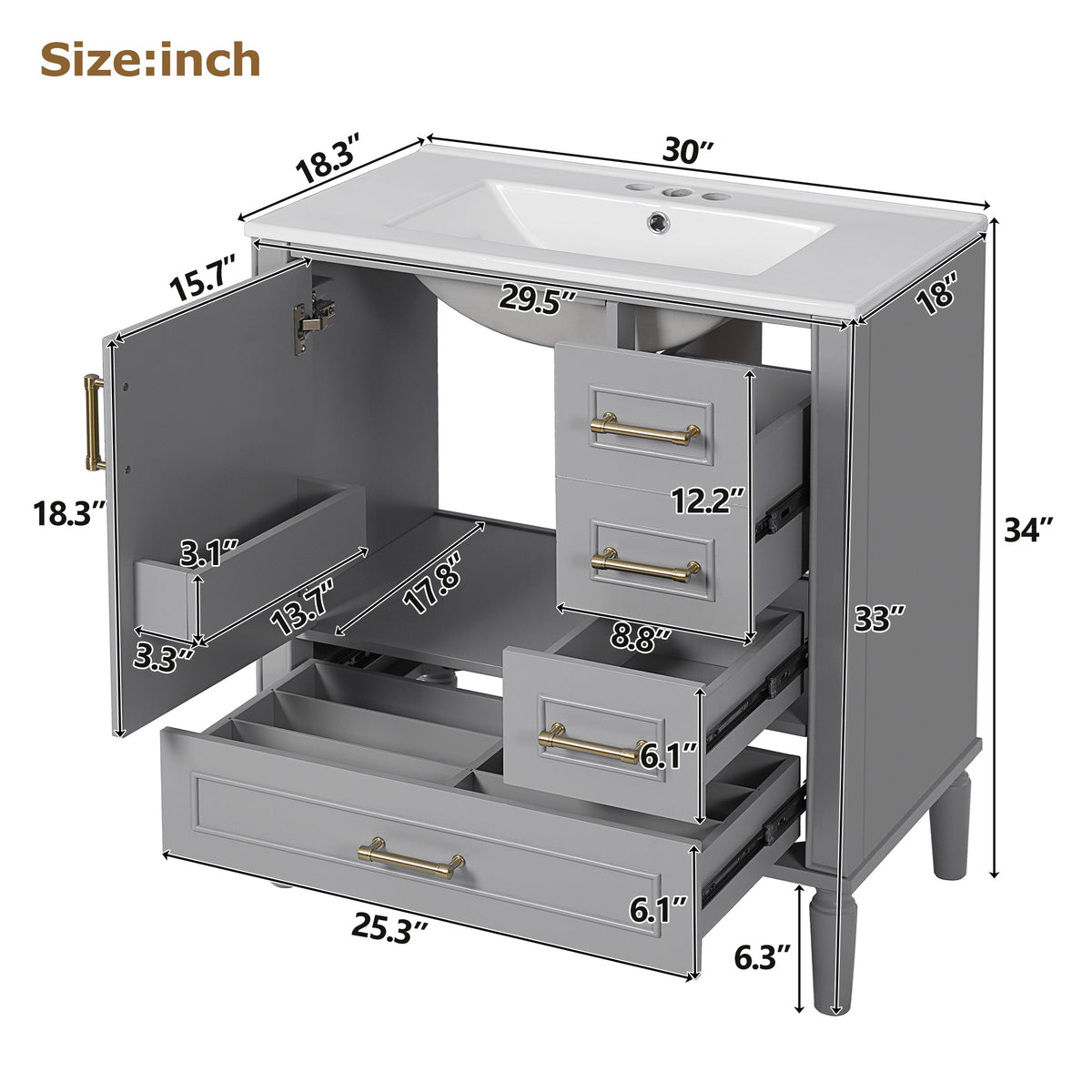30" Bathroom Vanity with Ceramic Sink, Soft-Close Door and Ample Storage
