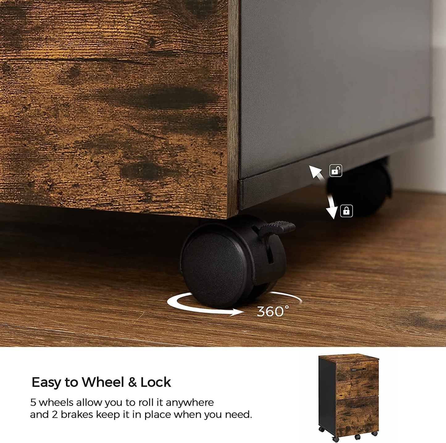Two Drawer File Cabinet For Home Office Rolling Rustic Brown And Black Fits A4 And Letter Files