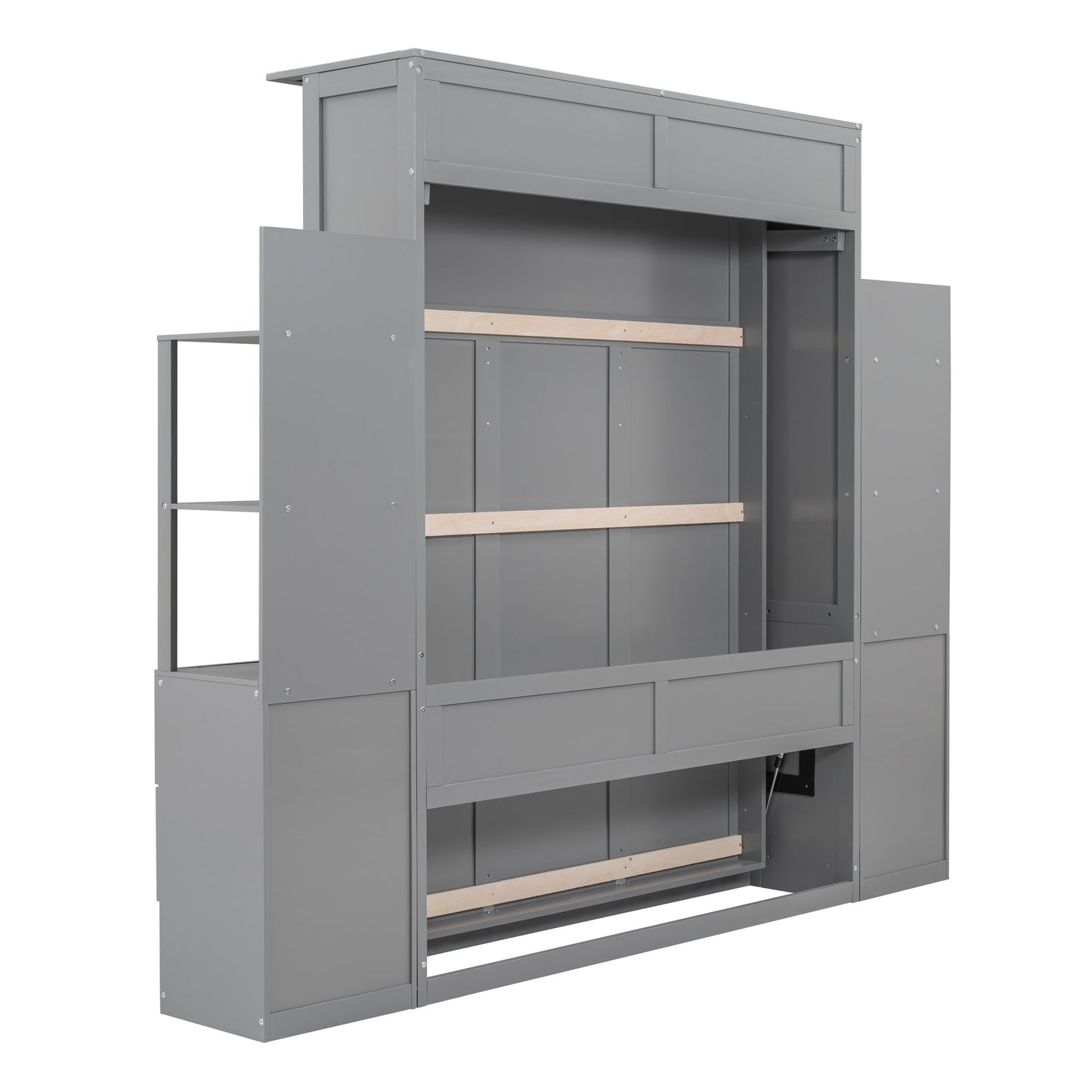 Queen Size Murphy Bed Wall Bed with Shelves, Drawers and Lights,Gray(OLD SKU:LP000566AAE-1)