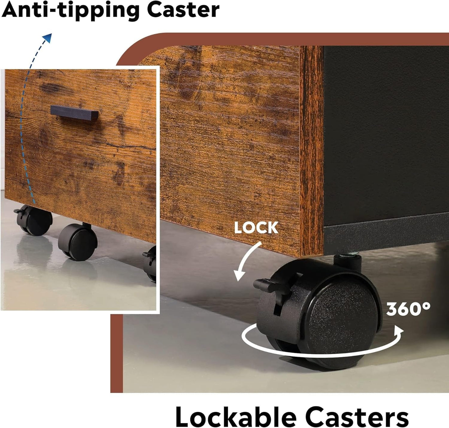 3 Drawer Lockable Rolling File Cabinet In Rustic Brown Fits Letter And A4 Size For Home Office