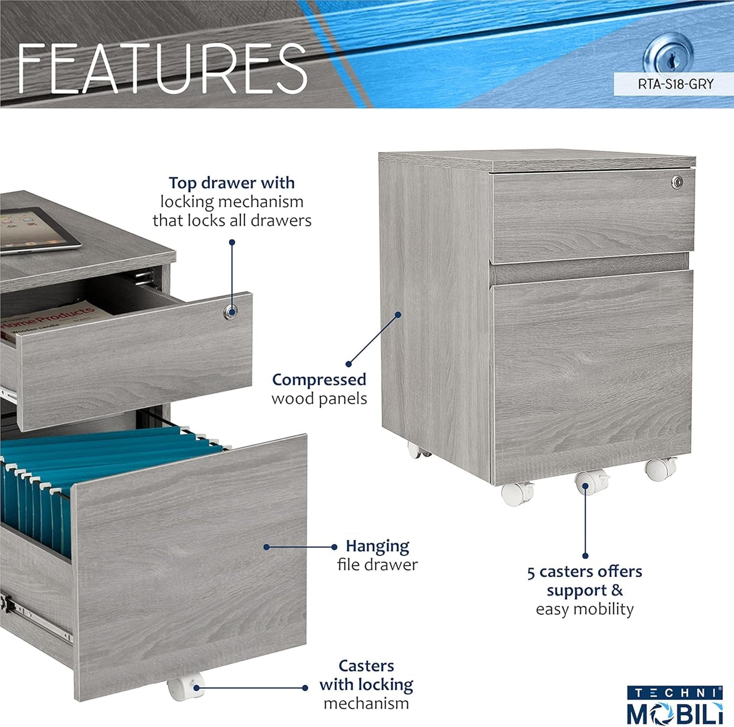 Grey Rolling Locking Two Drawer Vertical Filing Cabinet