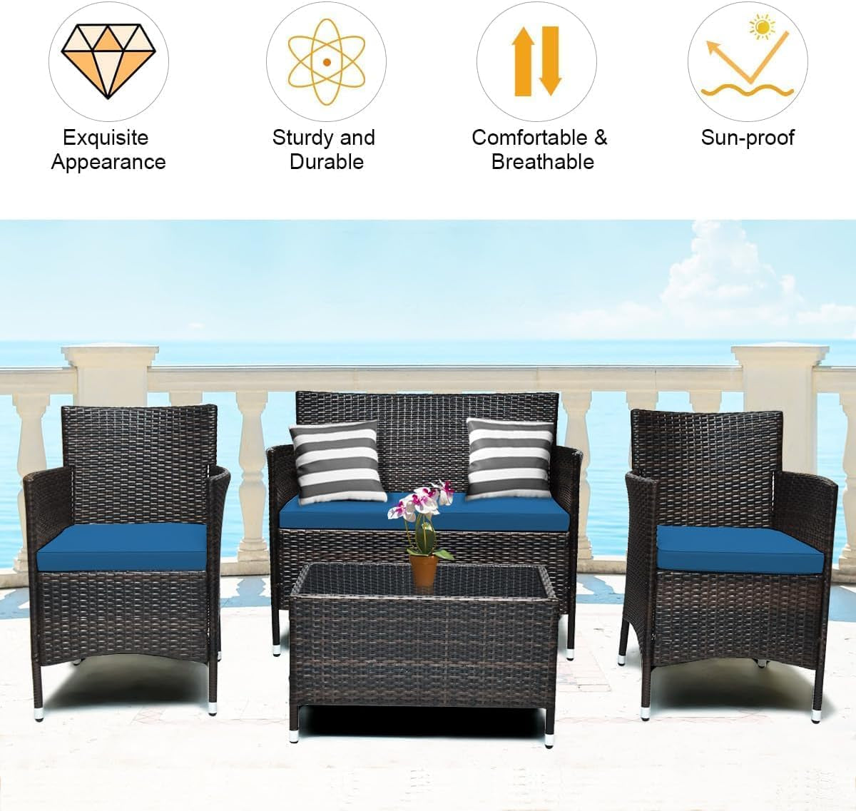 Peacock Blue 4 Piece Rattan Patio Furniture Set With Sectional Sofa